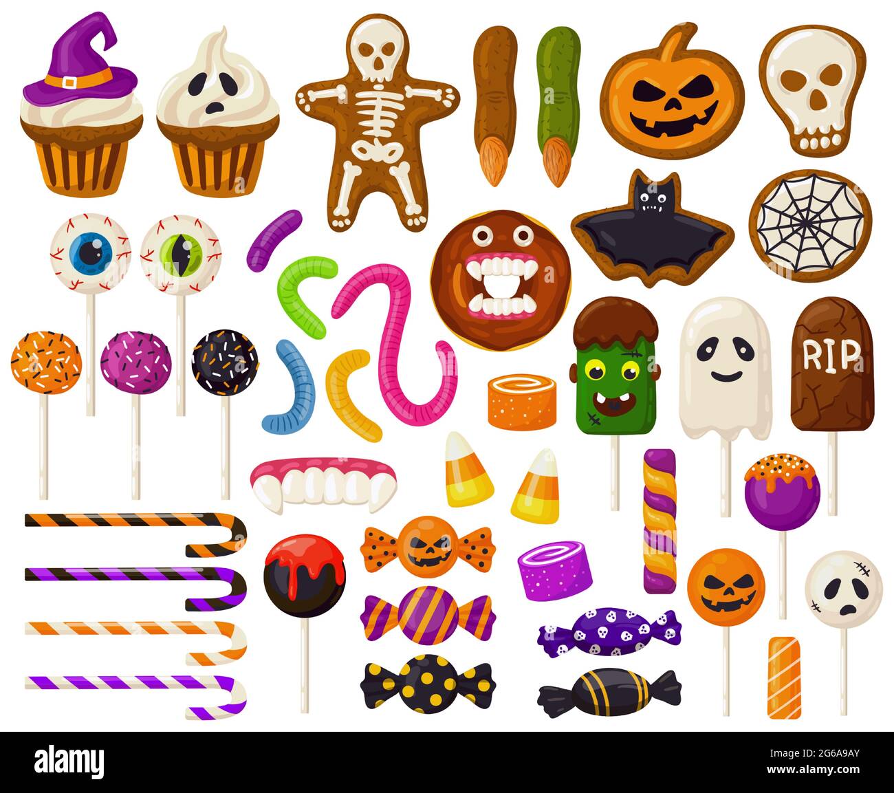 Halloween sweets. Cartoon halloween candies, spooky lollipops, cupcakes and scary jelly sweets vector illustration set. Trick or treat halloween Stock Vector