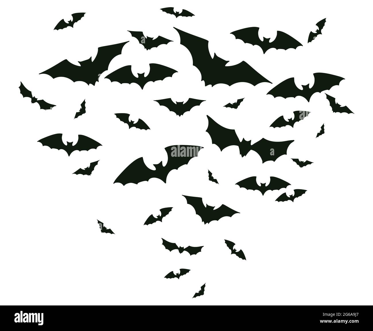 Halloween flying bats. Spooky bats flock, creepy horror vampire winged animal vector background illustration. Scary halloween bats Stock Vector