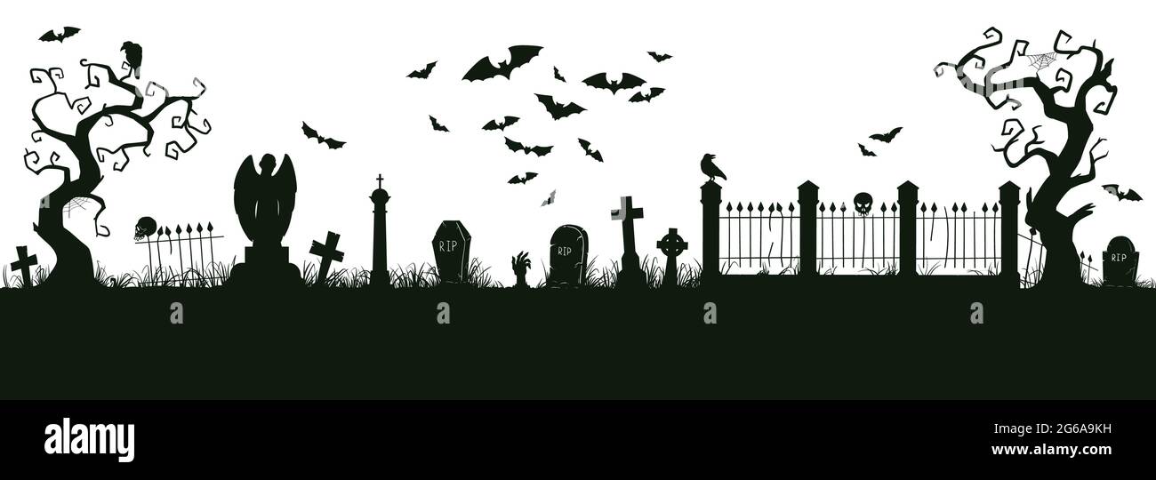 Halloween nightmare landscape. Cartoon spooky halloween cemetery landscape vector background illustration. Creepy halloween graveyard view silhouette Stock Vector