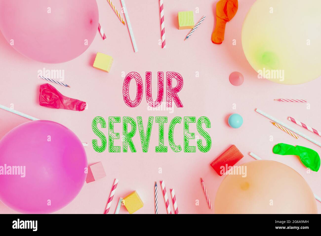 Conceptual display Our Services. Business approach The occupation or function of serving Intangible products Colorful Birthday Party Designs Bright Stock Photo