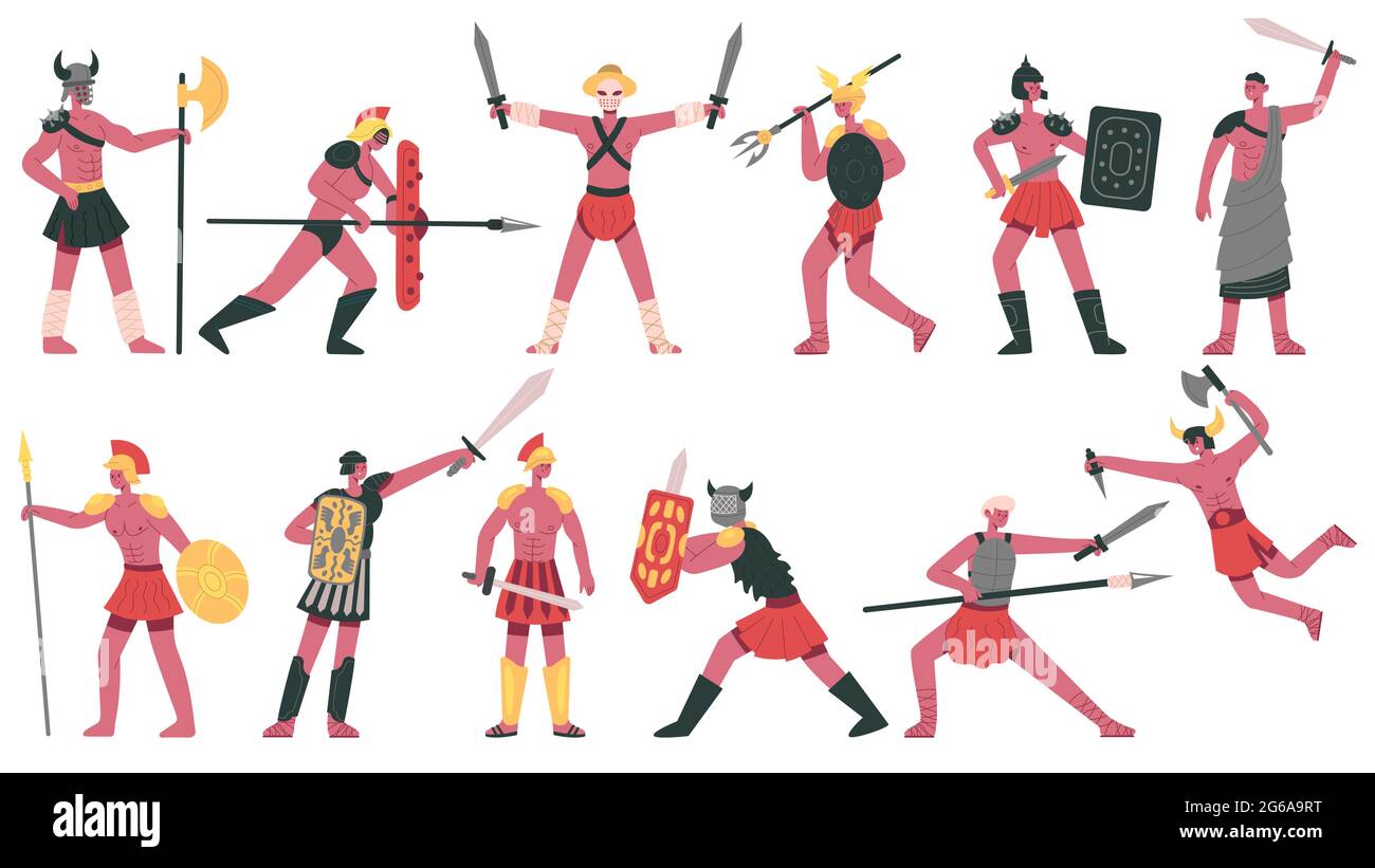 Roman gladiator characters. Ancient roman warlike gladiators, martial greek fighters cartoon isolated vector illustration set. Armed fighting warriors Stock Vector