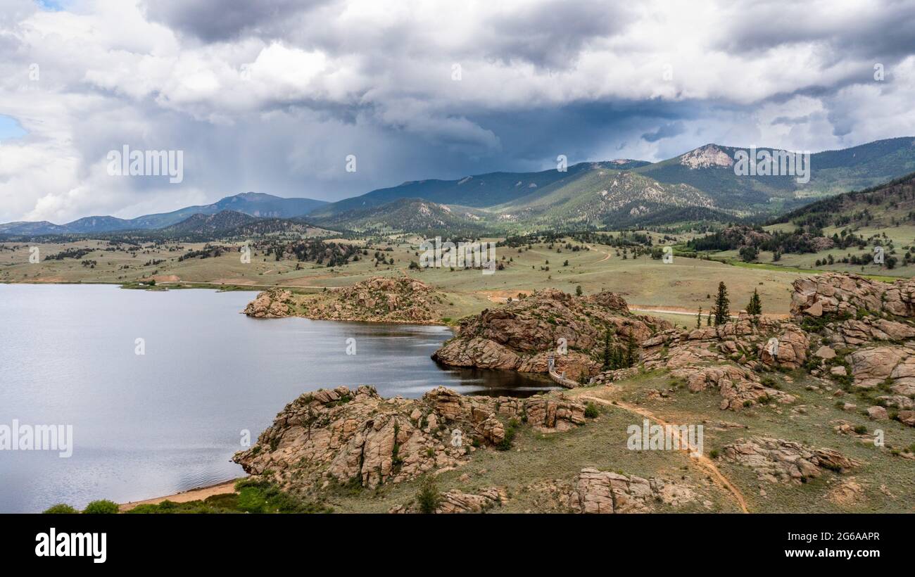 Aerial view of Tarryall Reservoir, Pike National Forest, Colorado, USA Stock Photo