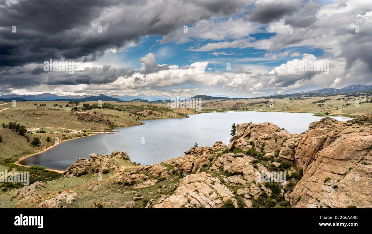 Aerial view of Tarryall Reservoir, Pike National Forest, Colorado, USA Stock Photo