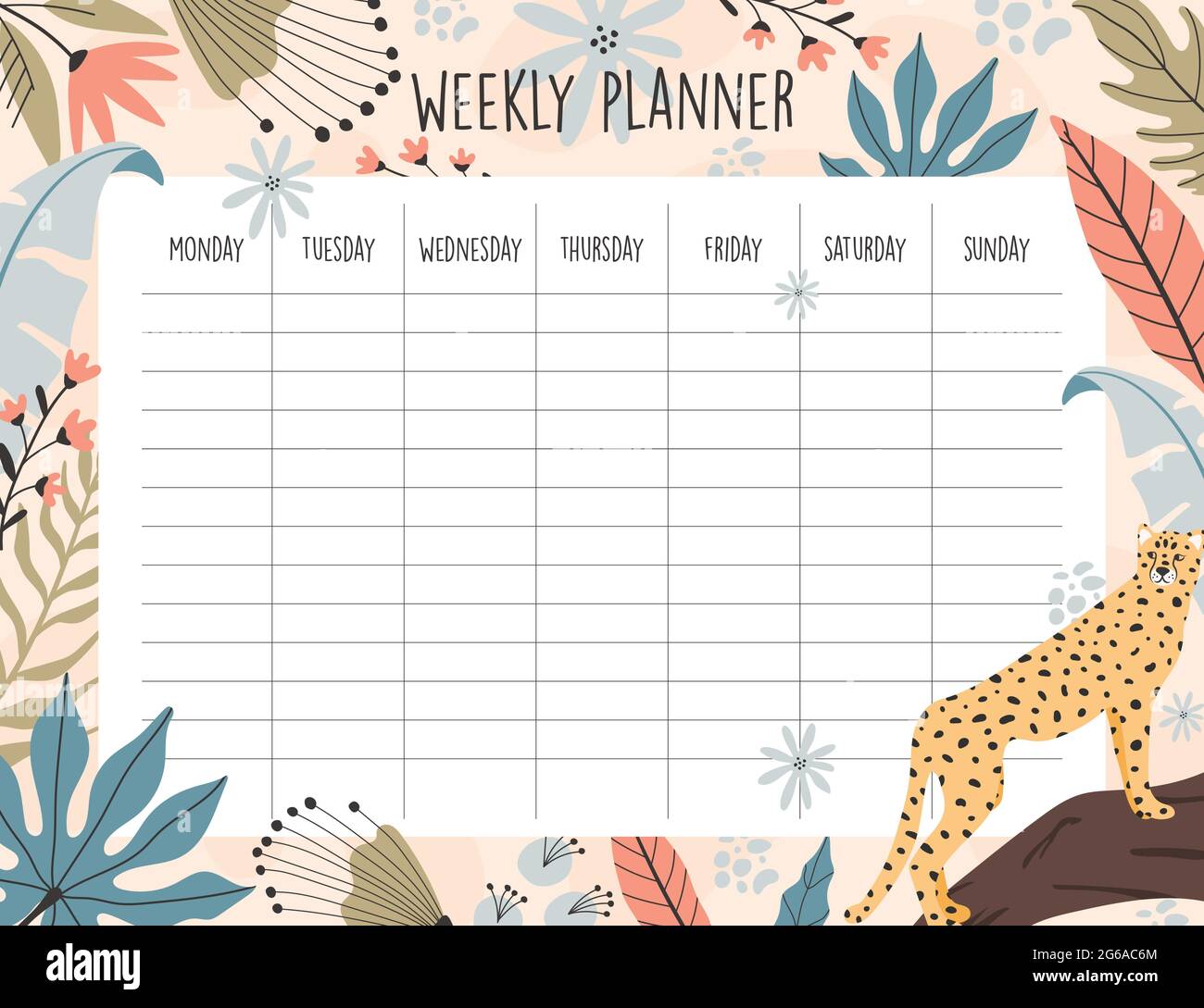 Weekly planner template. Tropical cheetah background, hand drawn illustrations. Stock Vector