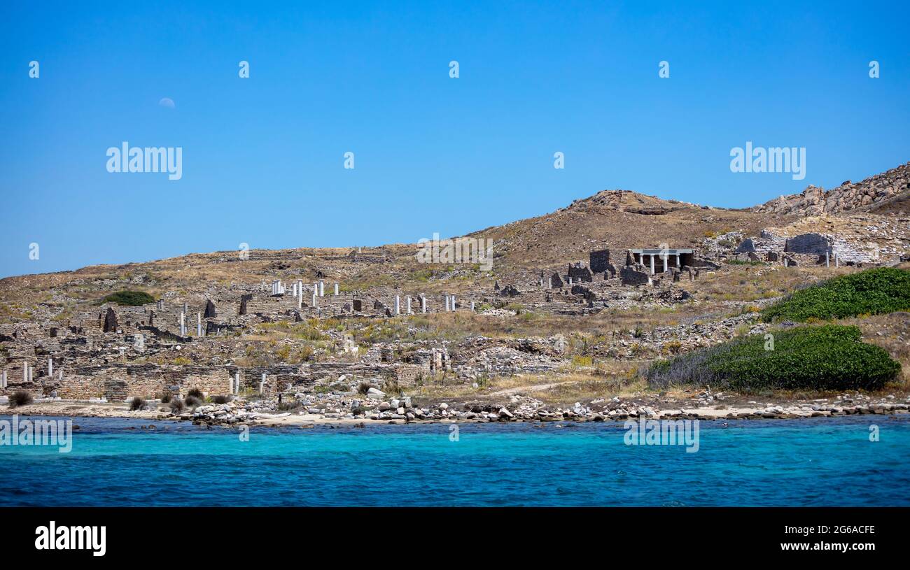 Greece. Delos Cyclades island, general view approaching by boat. Holy sanctuary archaeological site, UNESCO Heritage monument. Stone walls and marble Stock Photo
