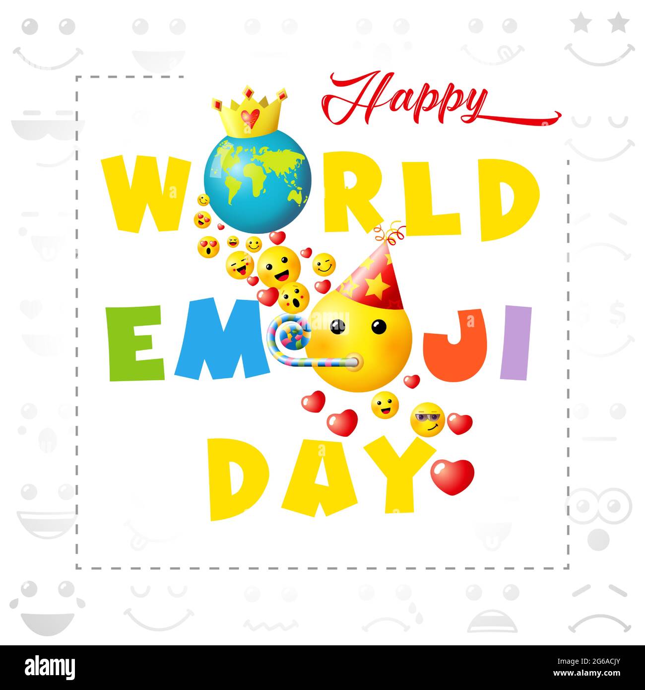 Happy world emoji day creative square congrats. Isolated abstract graphic design template. Smile icons and bright text. Vector sign. Cute funny colorf Stock Vector