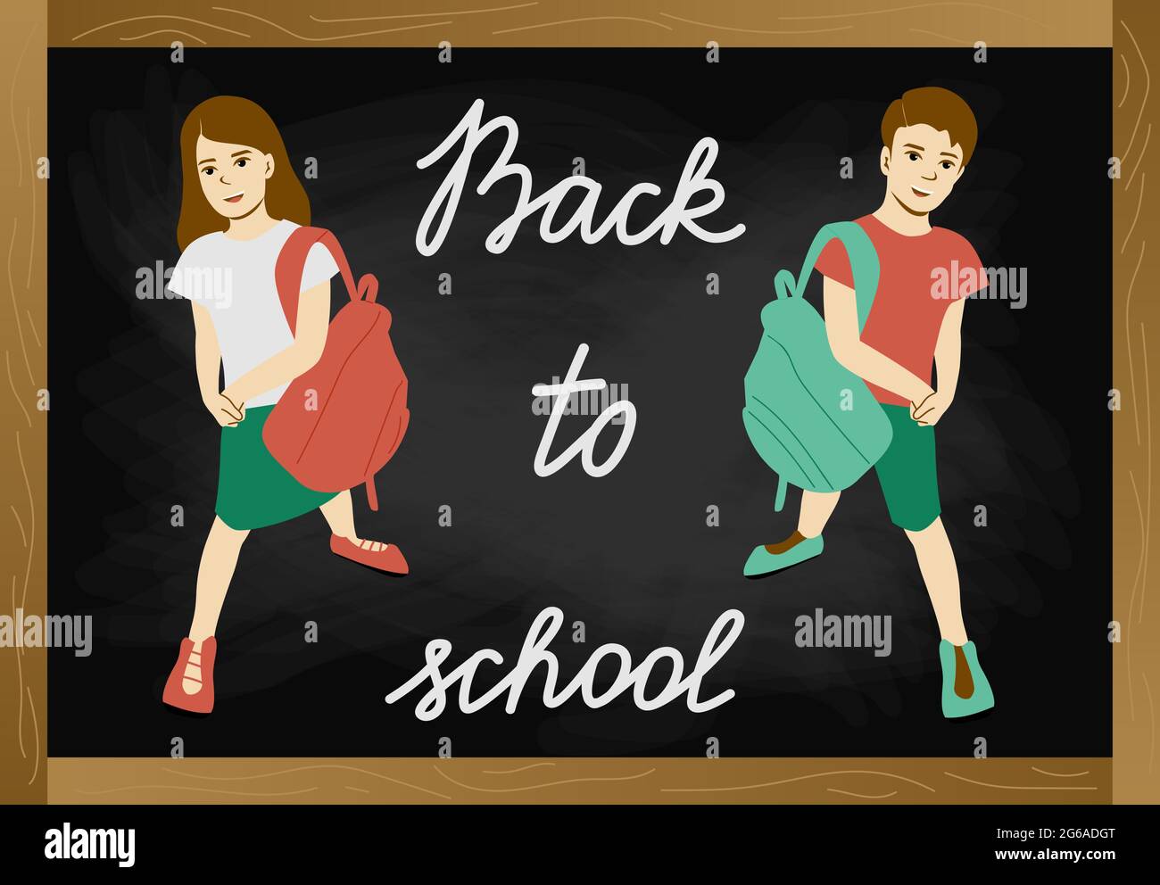 Back to school chalkboard with text, two schoolchildren girl and boy with schoolbags on blackboard background vector illustration. Stock Vector