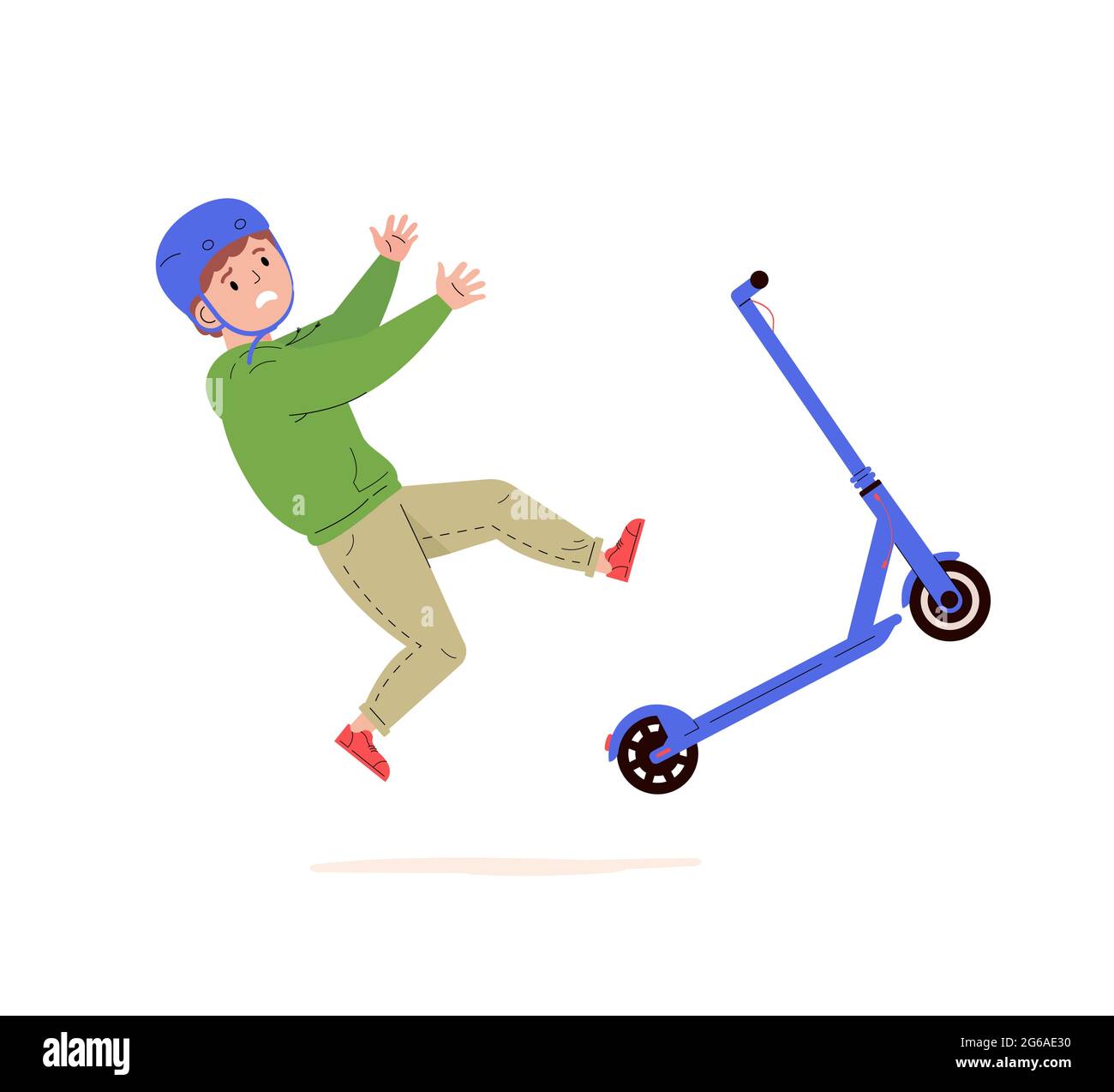 Little boy in a helmet falling down from scooter. Stock Vector
