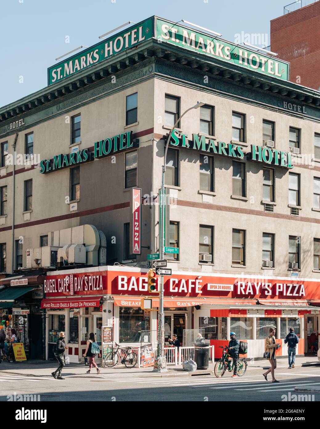 St. Marks Hotel and Rays Pizza signs, at Astor Place in the East Village, New York City Stock