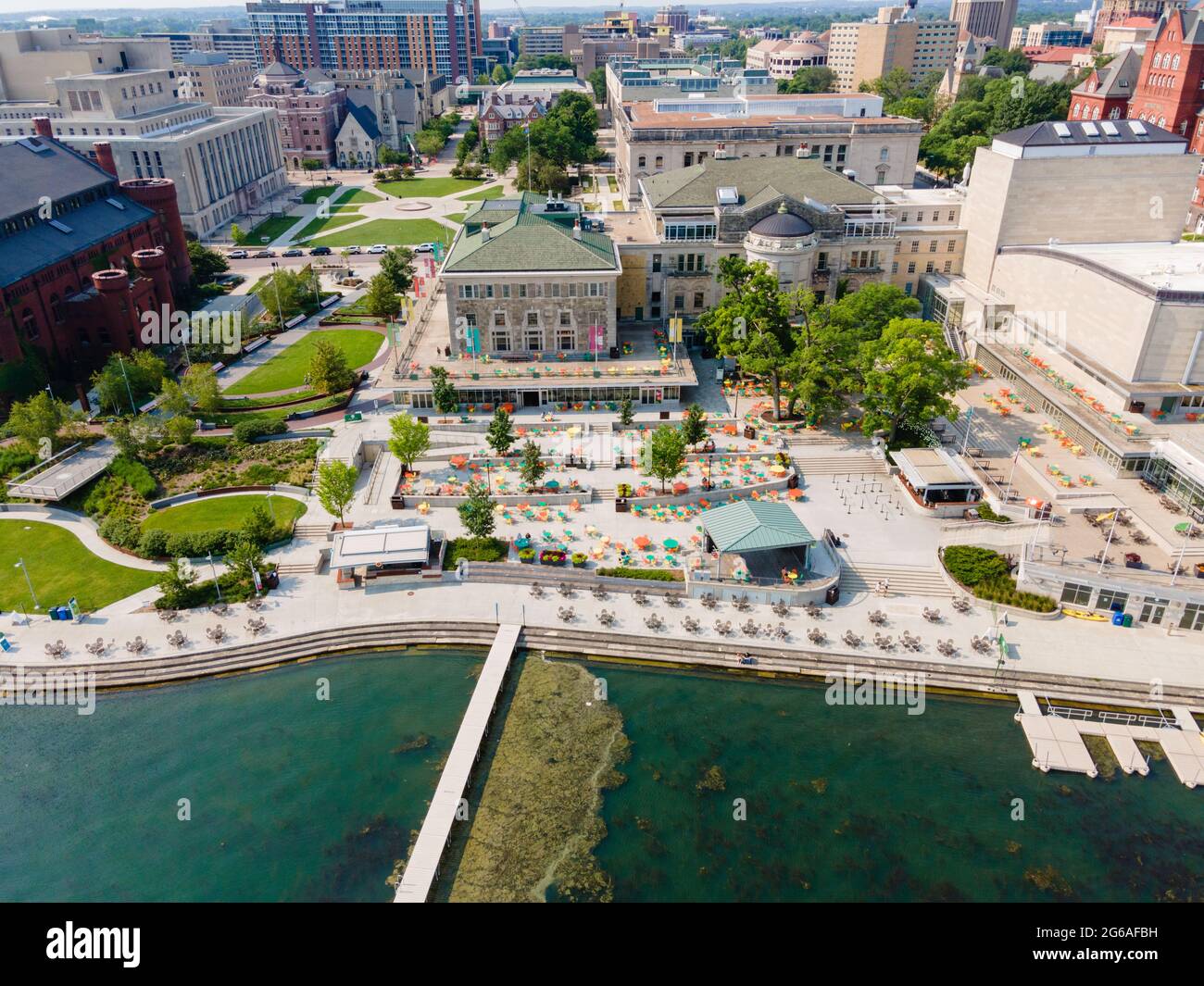 Aerial photograph of the Wisconsin Union and Lake Mendota, University
