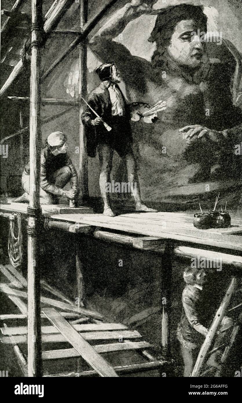 The 1912 caption reads: “Michelangelo at work in Vatican.  None but Michelangelo could have conceived and painted the great picture of Last Judgment that stands out instinct with power and majesty on the wall of the Sistine Chapel.  It never ceases to astonish men.” Michelangelo di Lodovico Buonarroti Simoni, known simply as Michelangelo (1475-1564), was an Italian sculptor, painter, architect and poet of the High Renaissance born in the Republic of Florence, who exerted an unparalleled influence on the development of Western art. Stock Photo