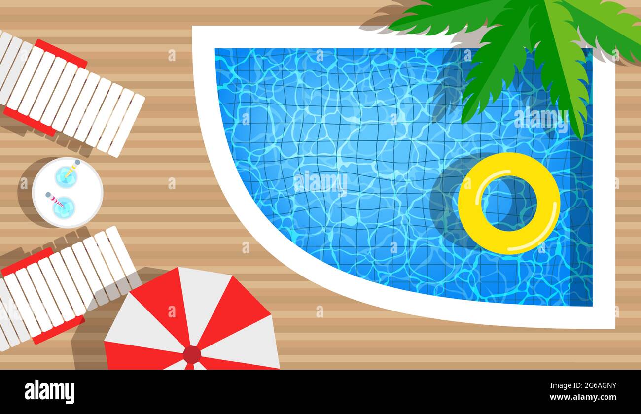 Swimming pool with swimming rings, umbrella and deck chair. Top view. Summer vacation hotel club resort concept, pool party. Vector illustration. Stock Vector