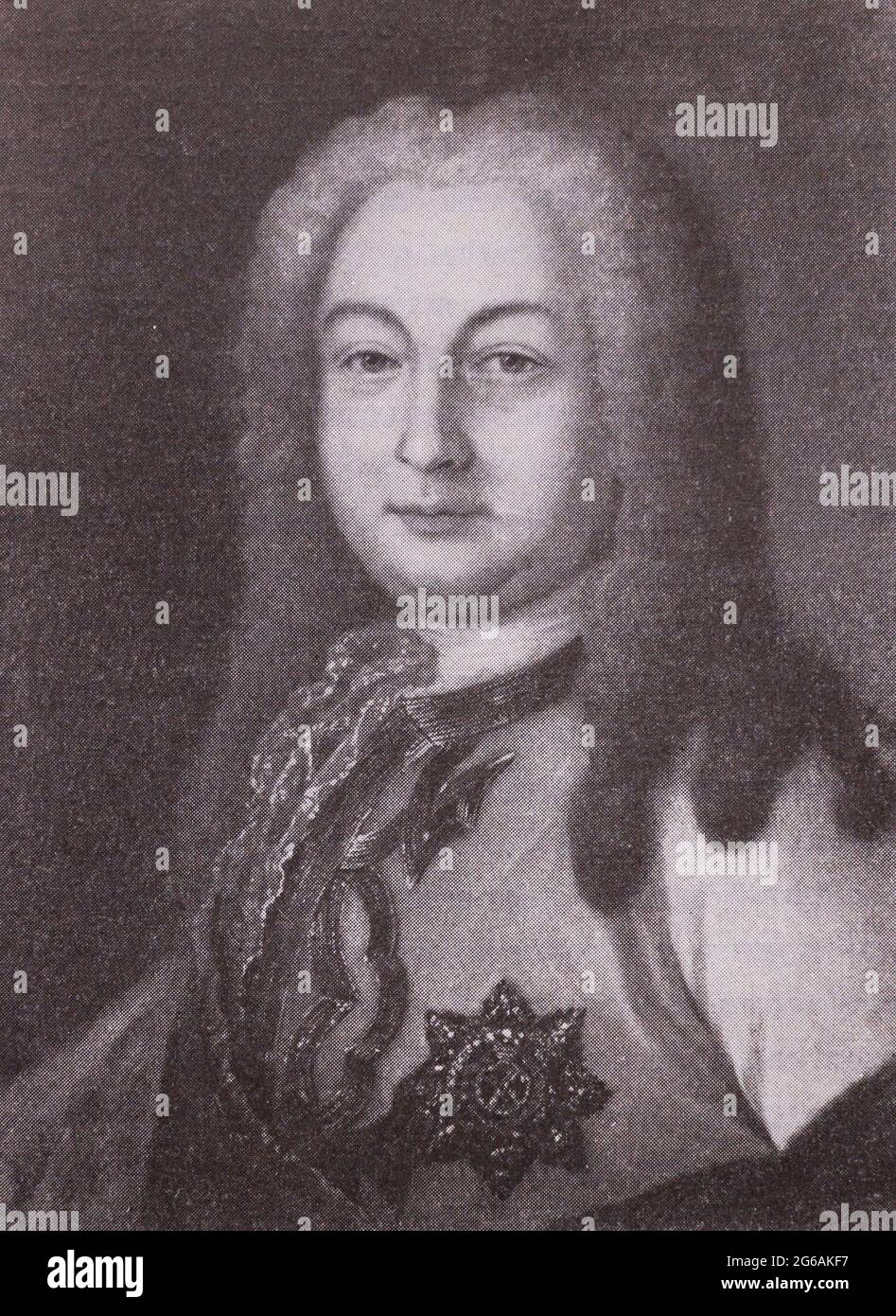 Count Andrey Ivanovich Osterman, Painting of the 18th century. Count Andrey Ivanovich Osterman (1686  – 1747) was a German-born Russian statesman who came to prominence under Tsar Peter I of Russia and served until the accession of the Tsesarevna Elizabeth in 1741. He based his foreign policy on the Austrian alliance. General Admiral. Stock Photo