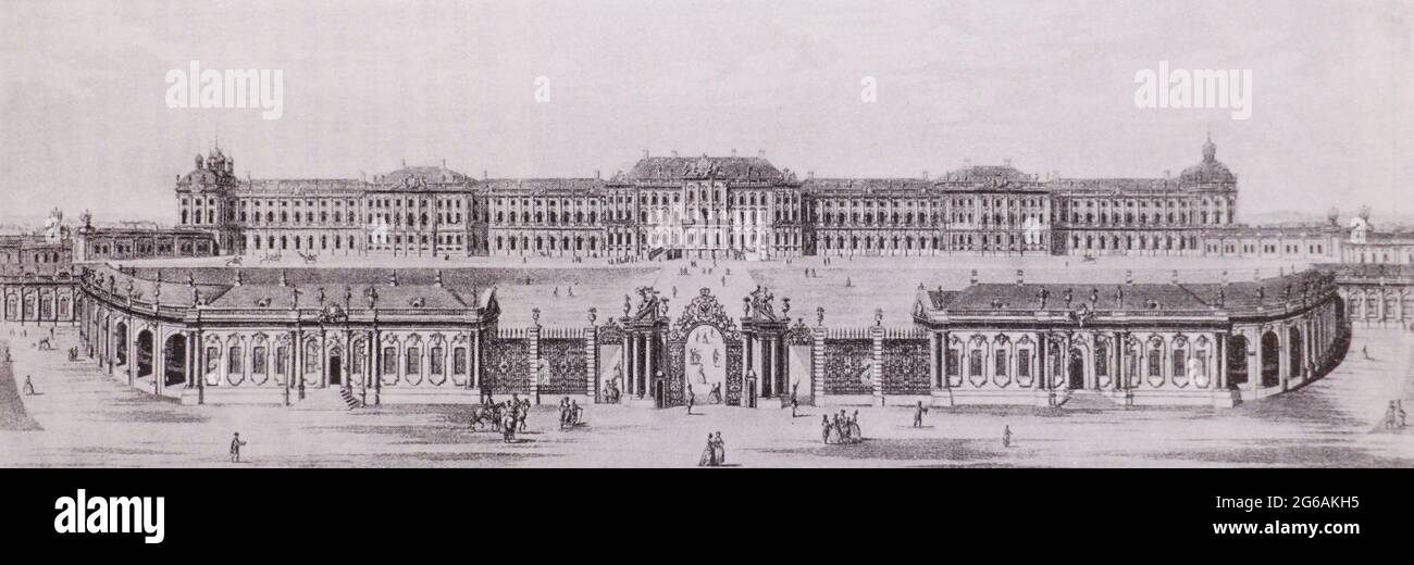 Tsarskoye Selo Palace under reconstruction by V.V. Rastrelli. Engraving of the 1780s. Stock Photo