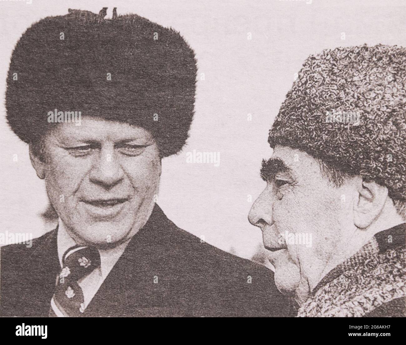 US President Gerald Ford at a meeting with Leonid Brezhnev. Stock Photo