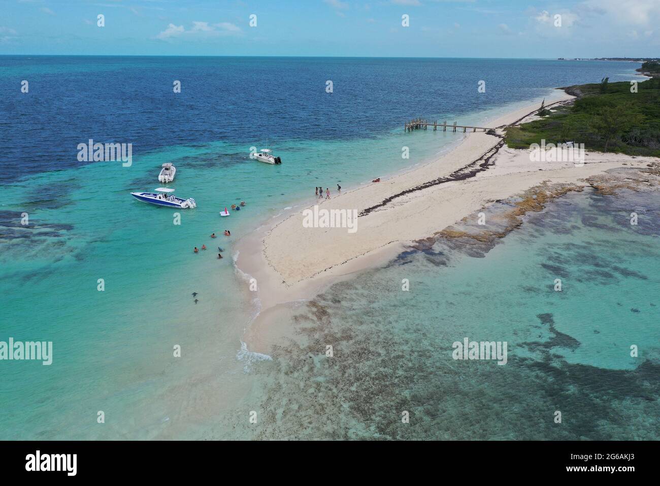 Aerial view of boats anchored in Honeymoon Harbour near Gun Cay and