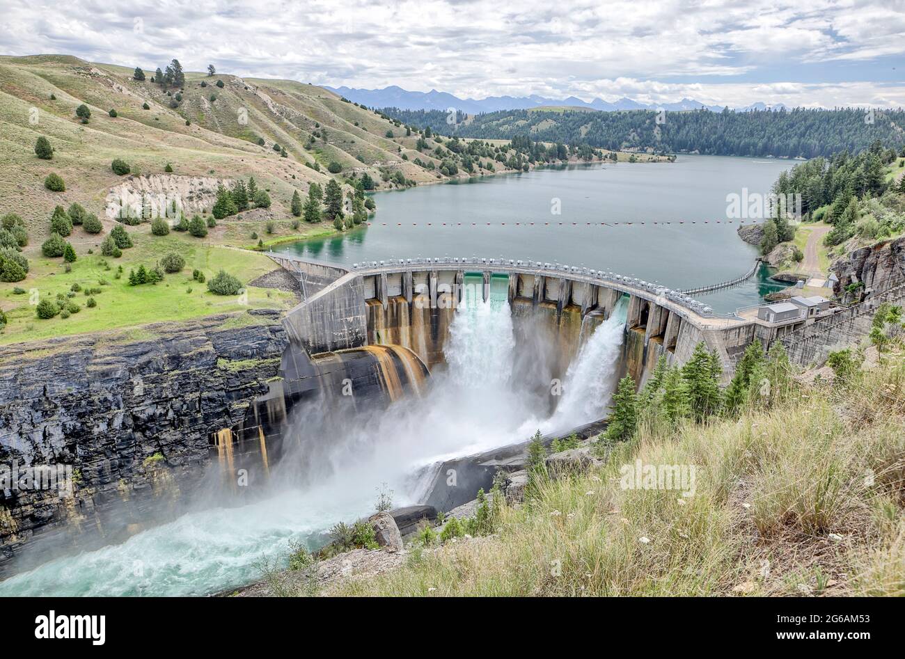 Looking out from the viewpoint at Kerr Dam in Polson, Montana Stock