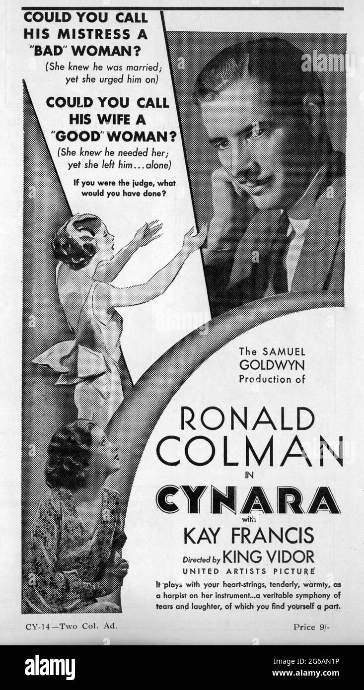 RONALD COLMAN KAY FRANCIS and PHYLLIS BARRY in CYNARA 1932 director KING VIDOR novel R. Gore Brown music Alfred Newman The Samuel Goldwyn Company / United Artists Stock Photo