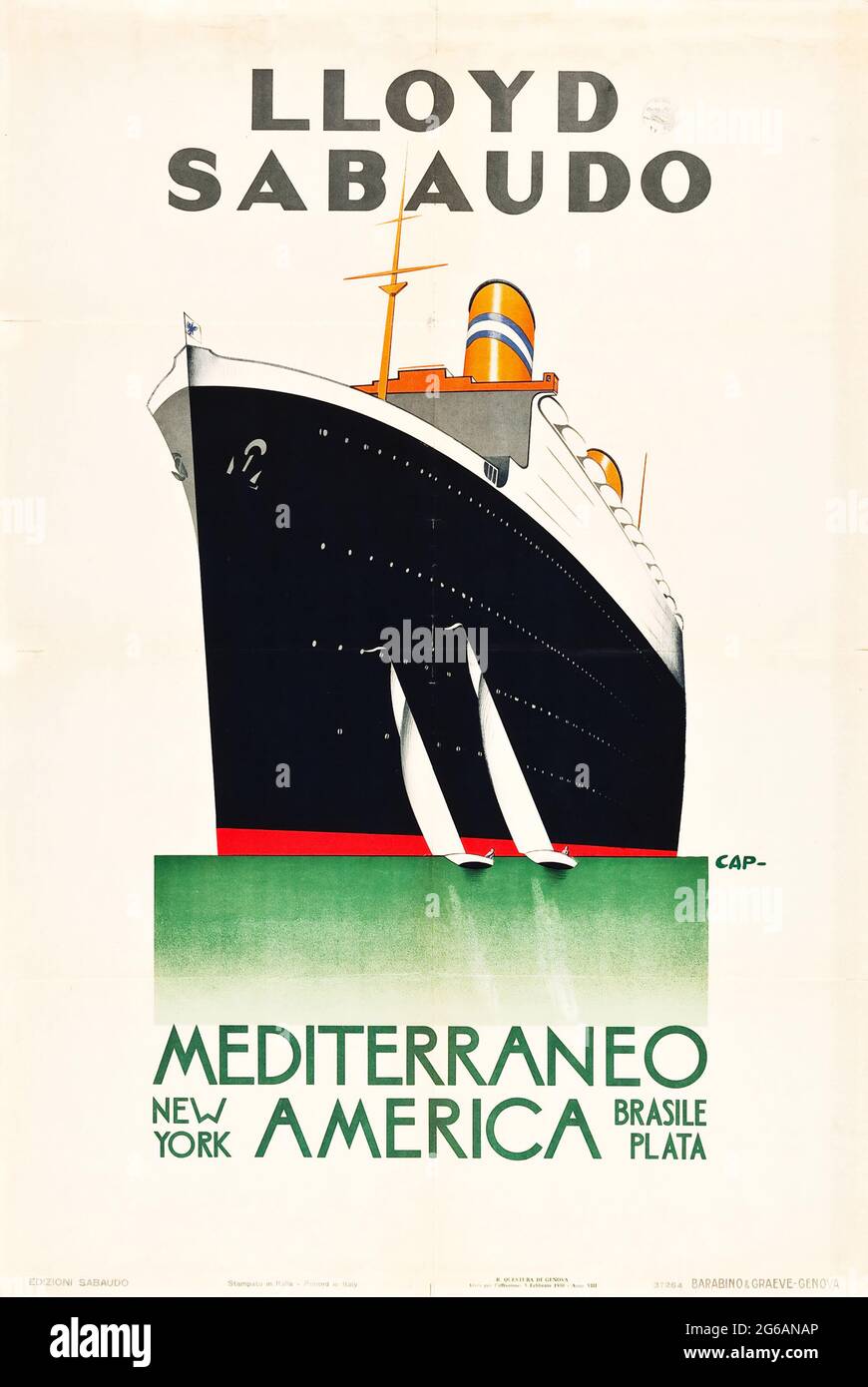VINTAGE TRAVEL POSTER Lloyd Sabaudo ship (Barabino & Graeve, Genoa, 1930) Mediterraneo America, New York, Brasile Plata. Stock Photo