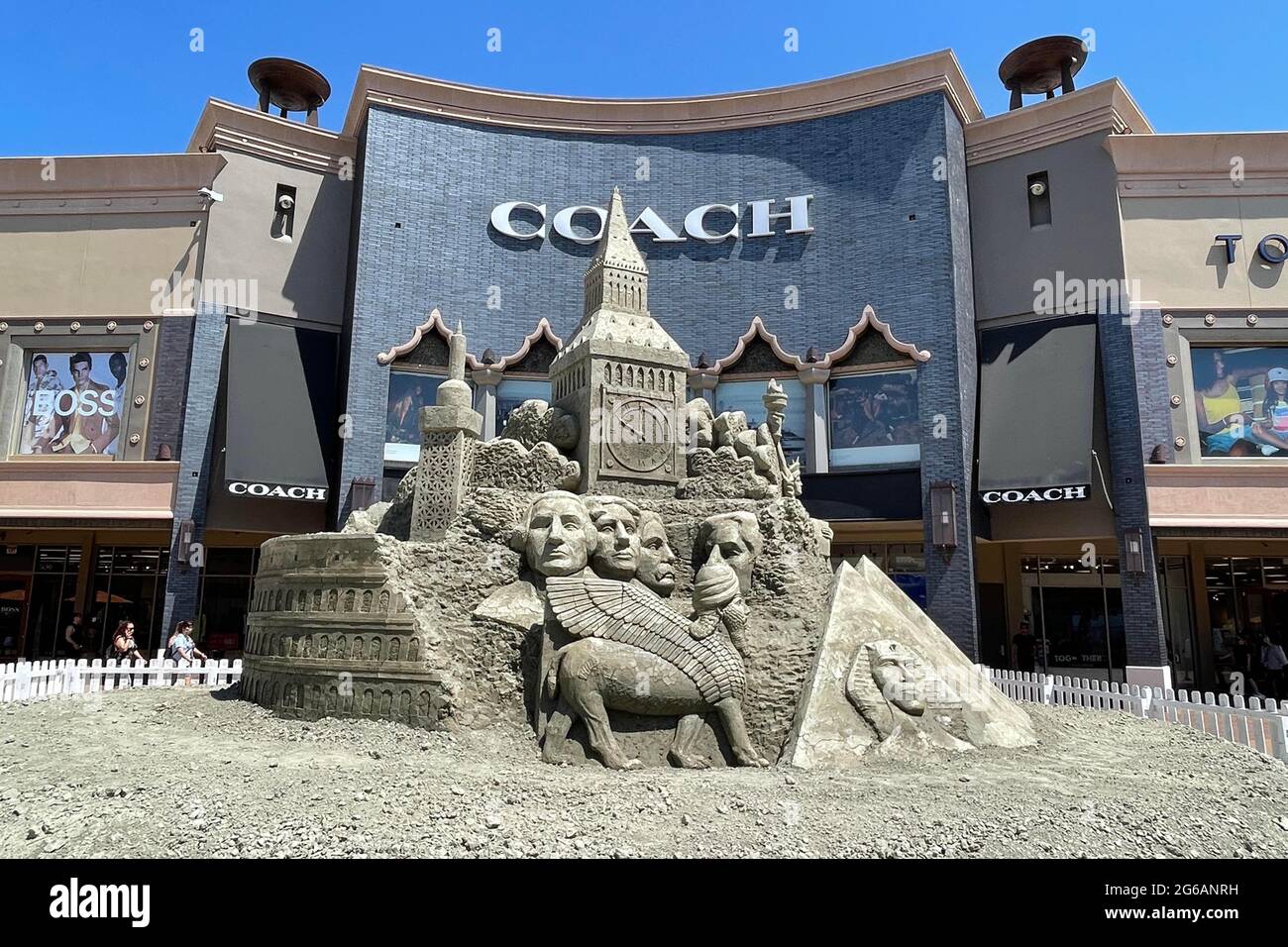 A general view of the Landmarks of the World sand sculpture at the Citadel Outlets, Sunday, July 4, 2021, in Los Angeles. The 20-foot by 36-foot sculp Stock Photo