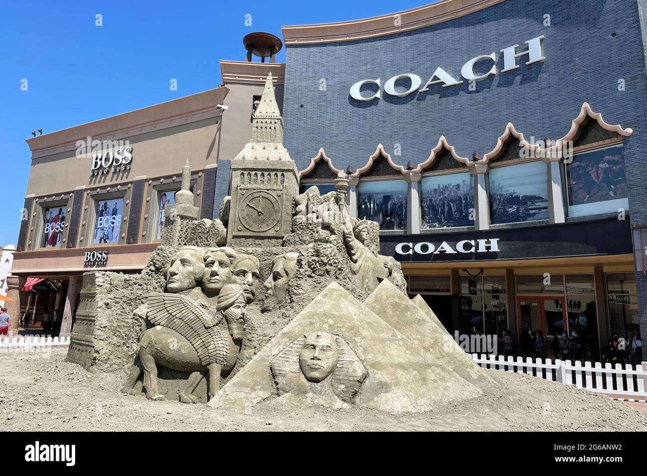 A general view of the Landmarks of the World sand sculpture at the Citadel Outlets, Sunday, July 4, 2021, in Los Angeles. The 20-foot by 36-foot sculp Stock Photo