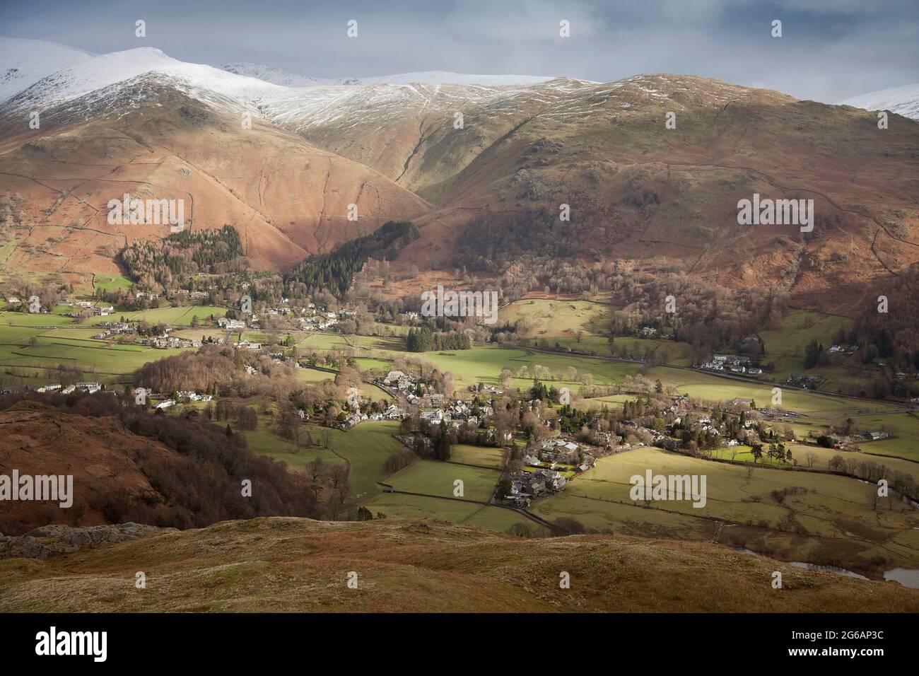 The village of Grasmere in Easedale from Silver How, Cumbria, UK Stock Photo
