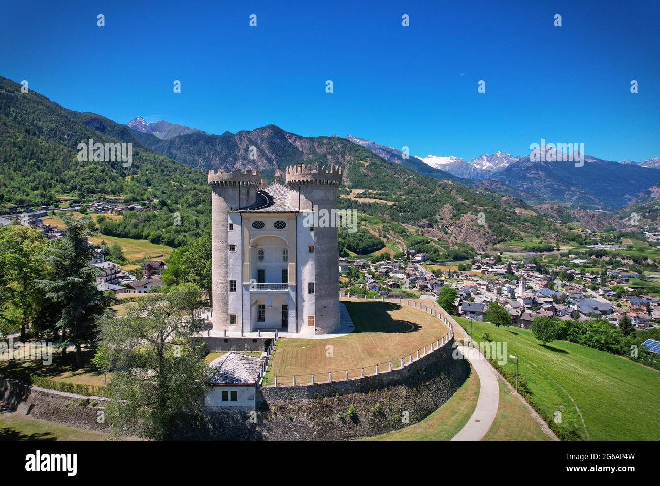 Aerial view of the medioeval castle, Aymavilles Aosta Valley Italy Stock Photo