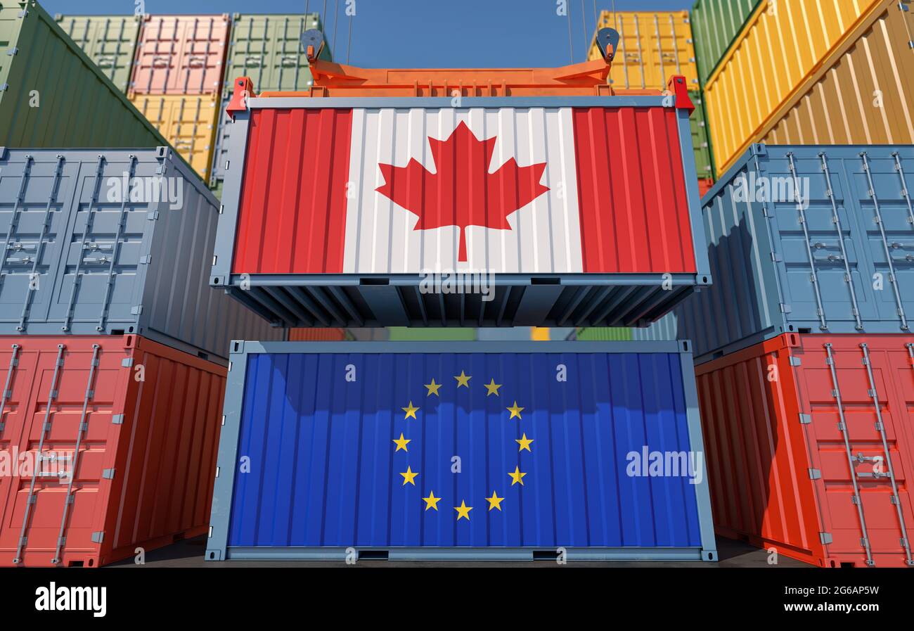 Container Terminal. Two cargo Container with Canada and European Union flags. 3D Rendering Stock Photo