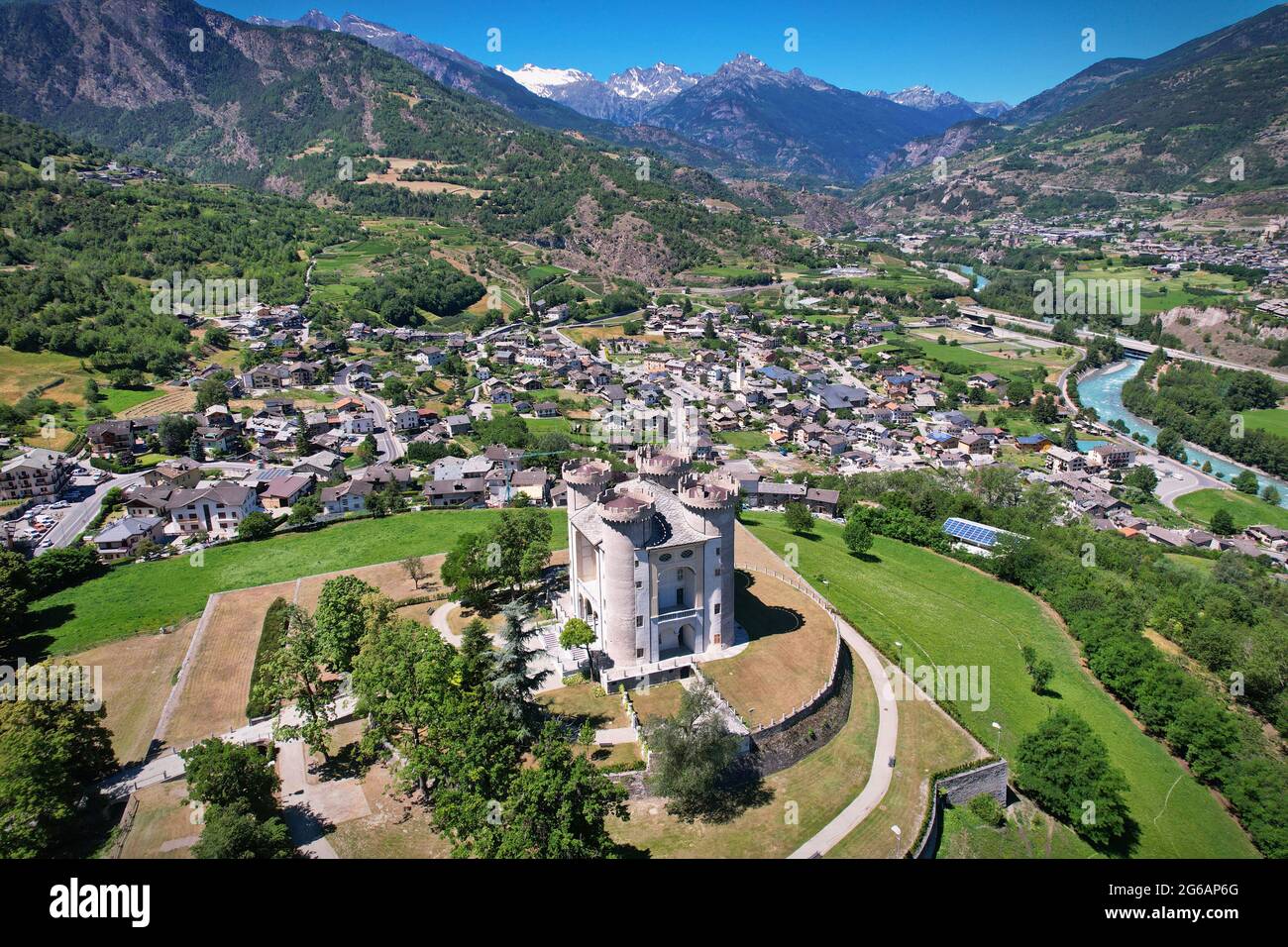 Aerial view of the medioeval castle, Aymavilles Aosta Valley Italy Stock Photo
