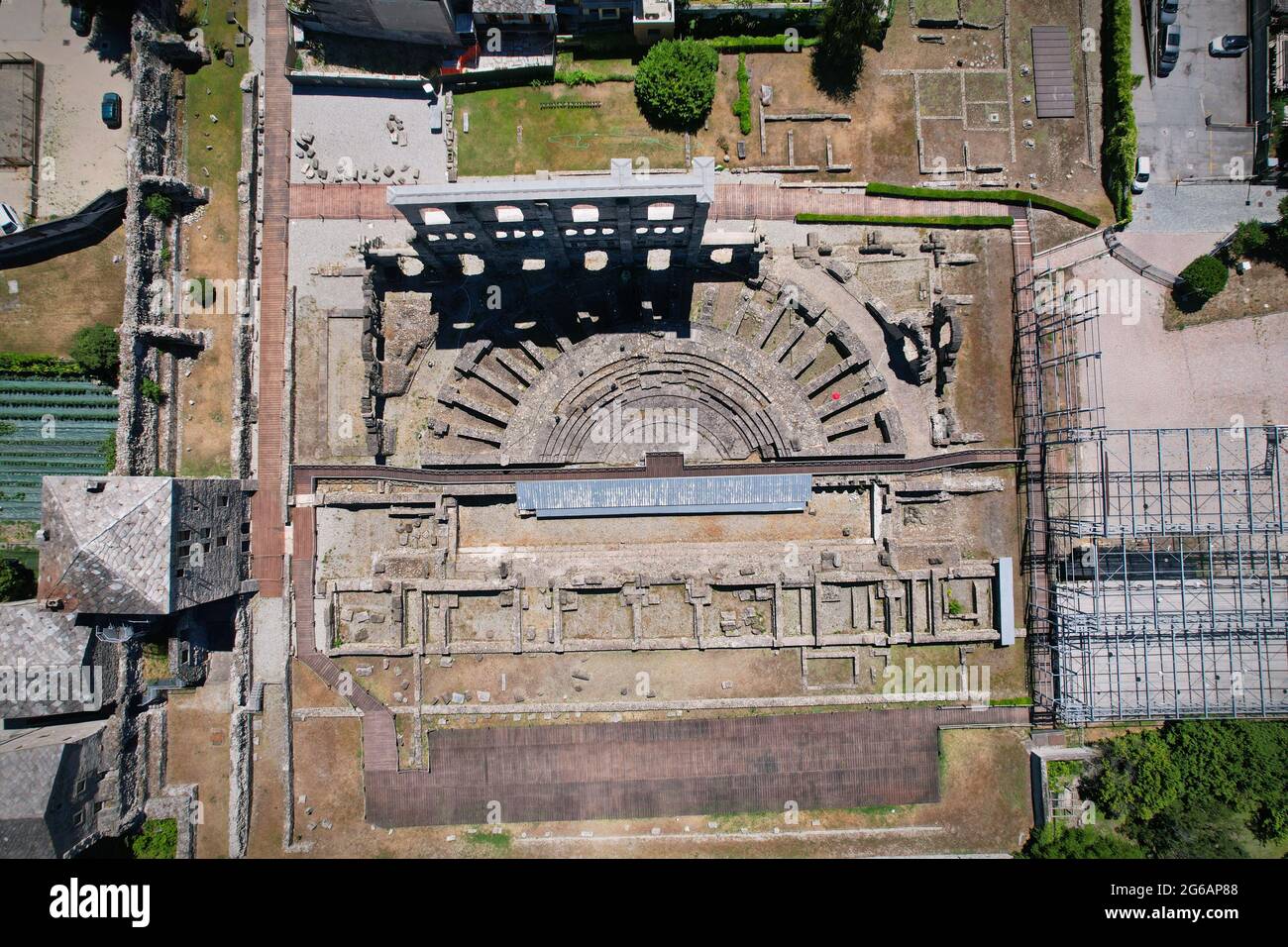Aerial view of ruins of the ancient roman theatre in town of Aosta Stock Photo