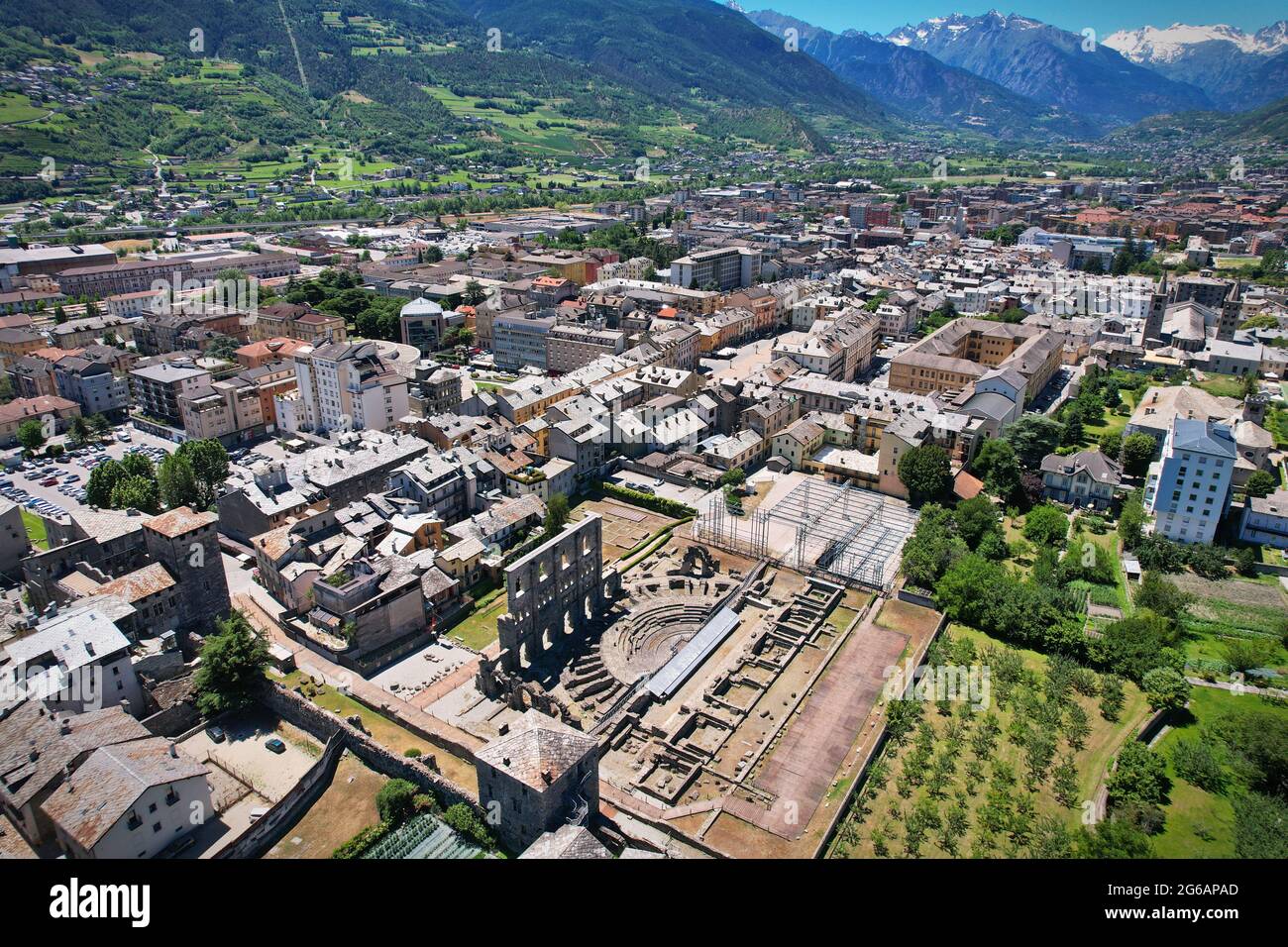 Aerial view of ruins of the ancient roman theatre in town of Aosta Stock Photo