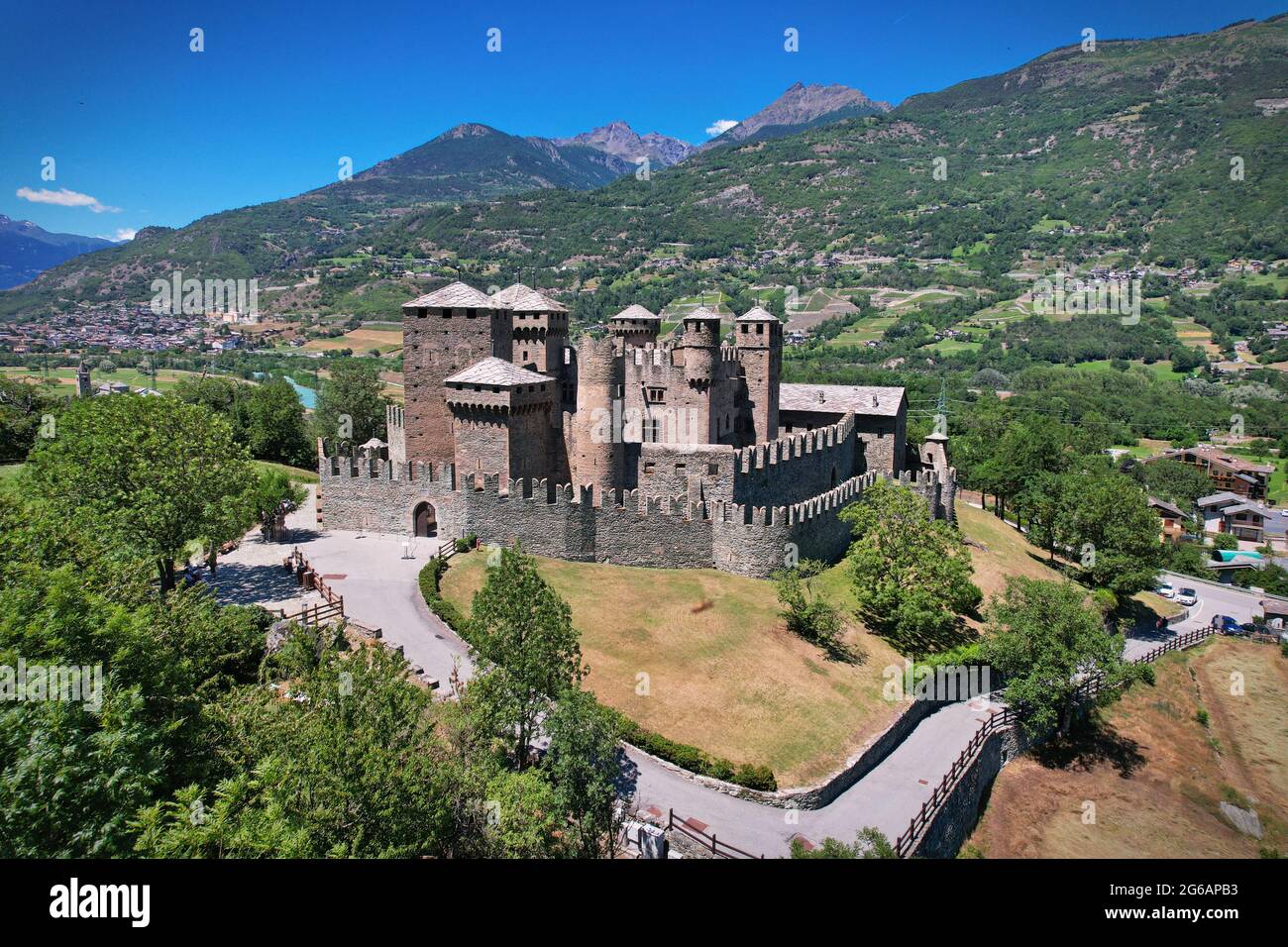 Aerial view of Fenis Castle in Aosta Valley. Italy Stock Photo