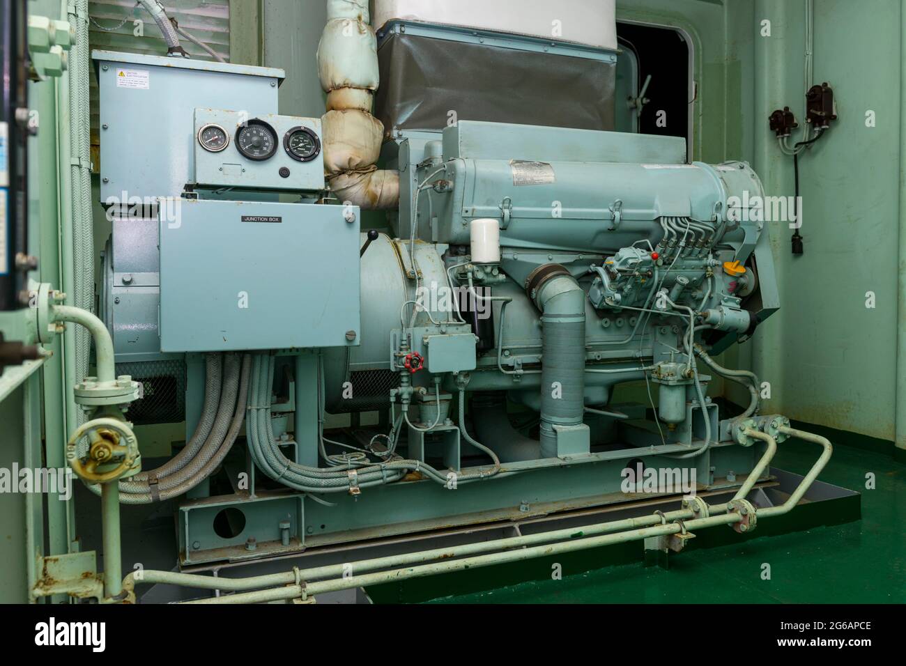Emergency Diesel generator. Marine engine. Safety equipment Stock Photo