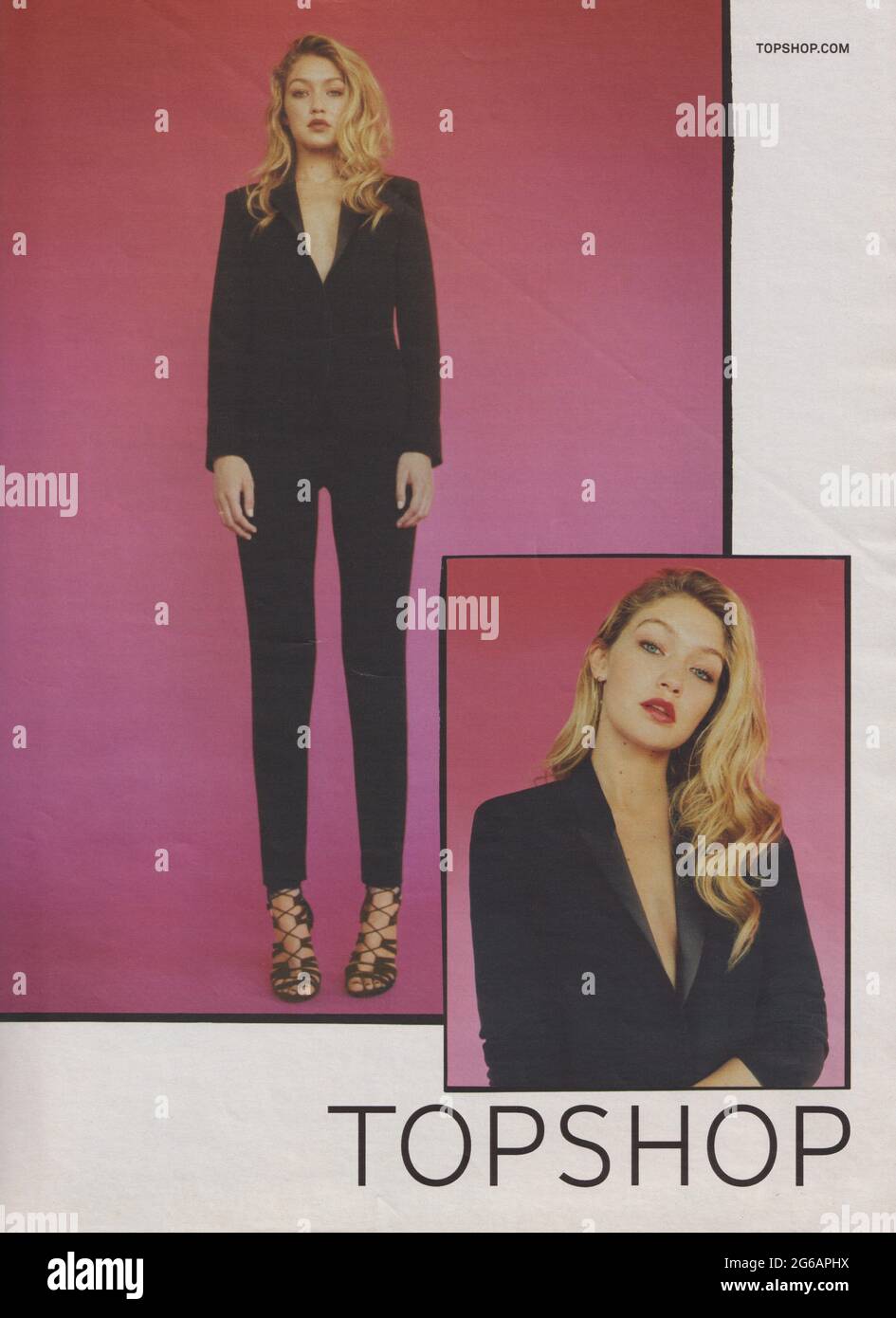 poster advertising Topshop fashion house with Gigi Hadid in paper magazine  from 2015 year, advertisement, creative Top Shop advert from 2010s Stock  Photo - Alamy