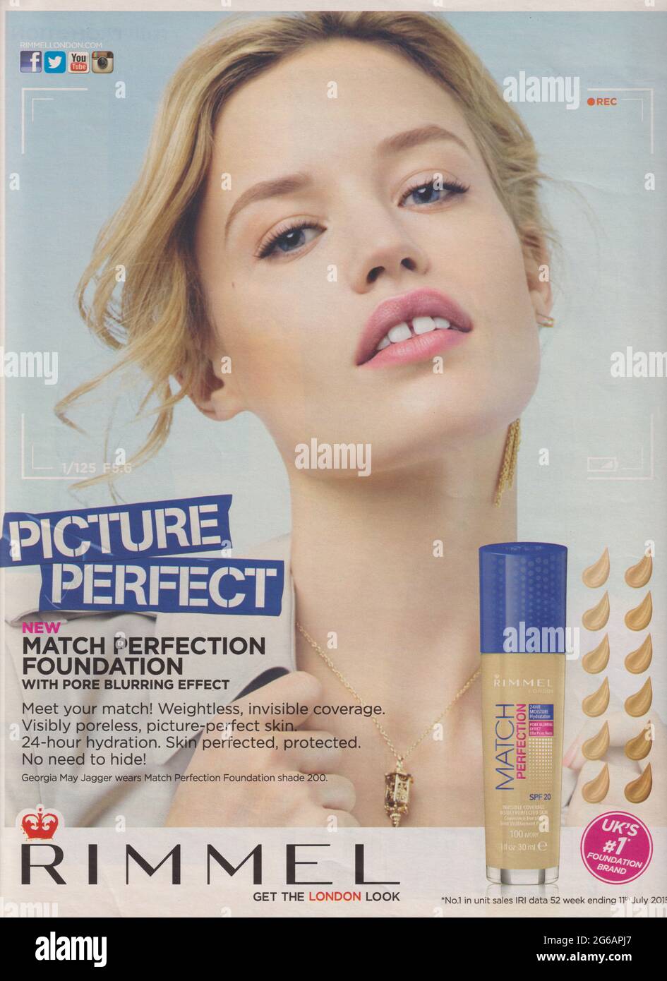 poster advertising Rimmel cosmetics with Georgia May Jagger in paper magazine from 2015 year, advertisement, creative Rimmel advert from 2010s Stock Photo