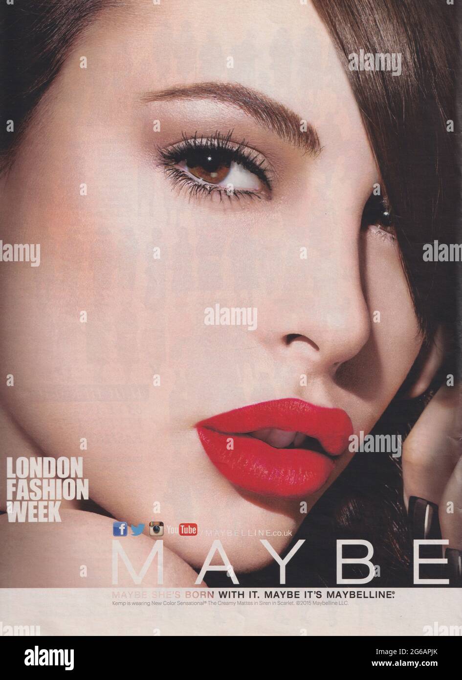 poster advertising Maybelline personal care cosmetics in paper magazine from 2015 year, advertisement, creative Maybelline advert from 2010s Stock Photo