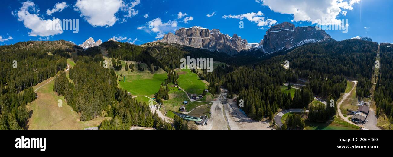 Aerial 180 degree view of Sella Group   from  Pian de Frataces val di Fassa  Dolomites, Italy Stock Photo