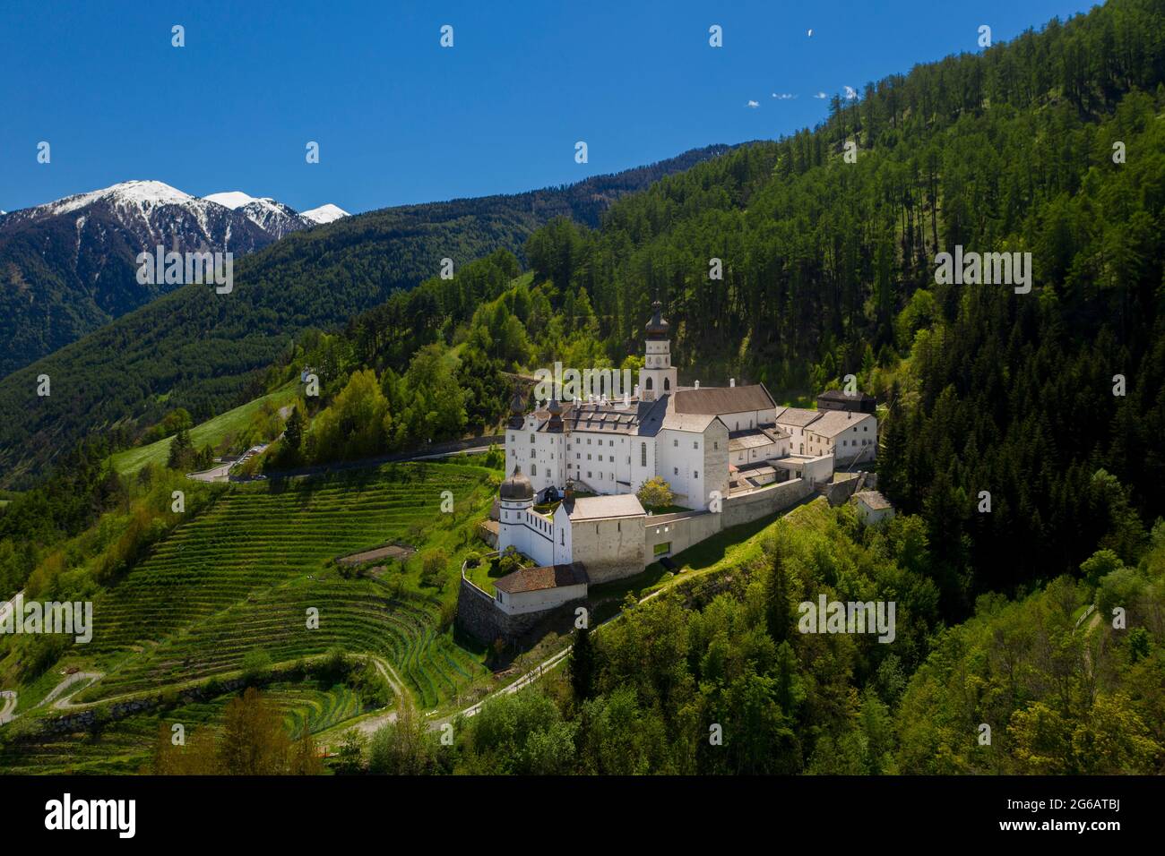 view of Abbazia di Monte Maria Val Venosta Burgusio - Fraction of Mals Trentino Alto Adige (BZ) Italy- Stock Photo