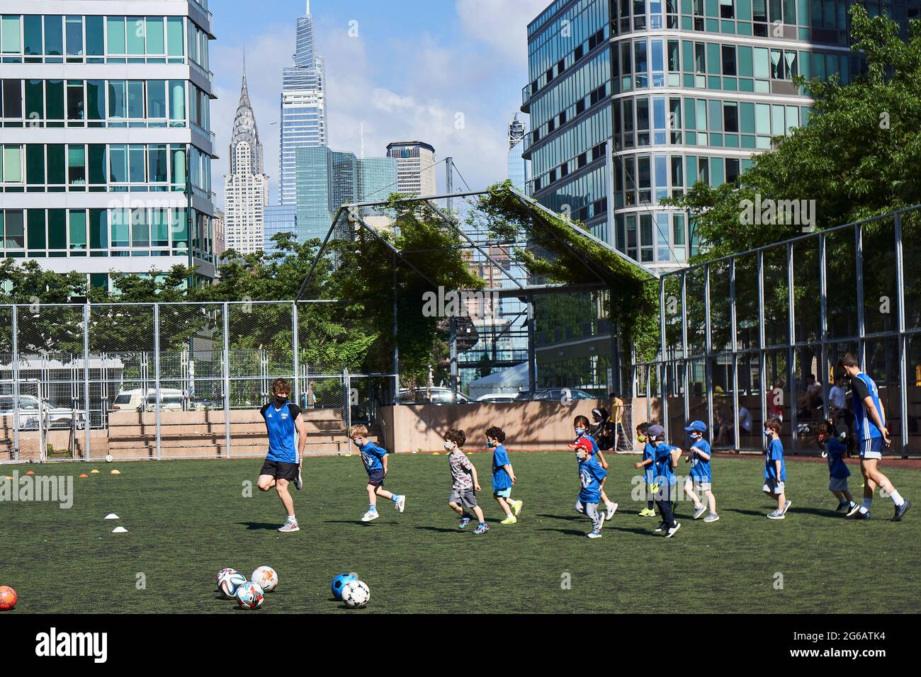 Soccer practice for kids in Long Island City, Queens Stock Photo