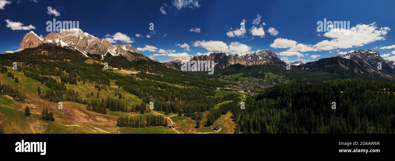180 degree panorama, of Cortina d'Ampezzo, Cristallo range behind, Ampezzo Dolomites, Alps,  Veneto, Italy Stock Photo