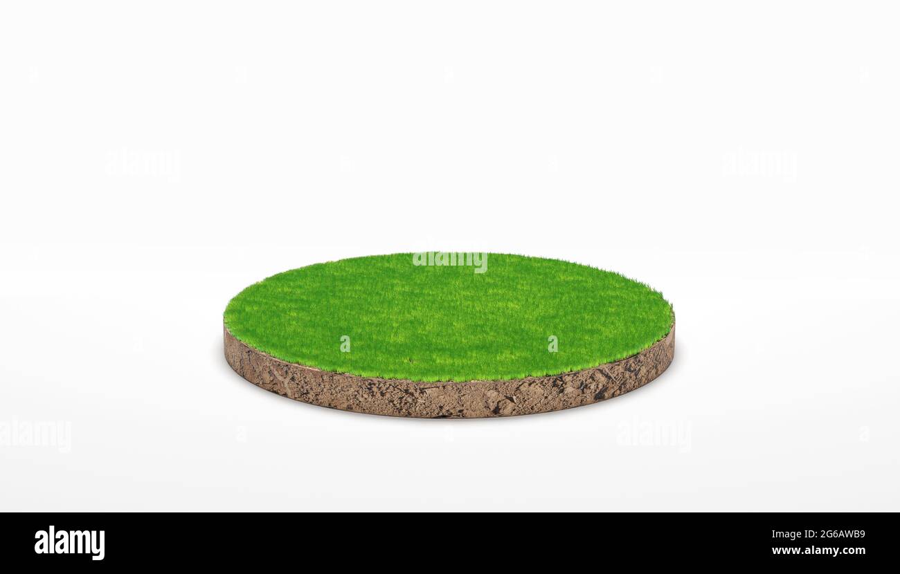 3d rendering. Round soil ground cross section with green grass on white ...