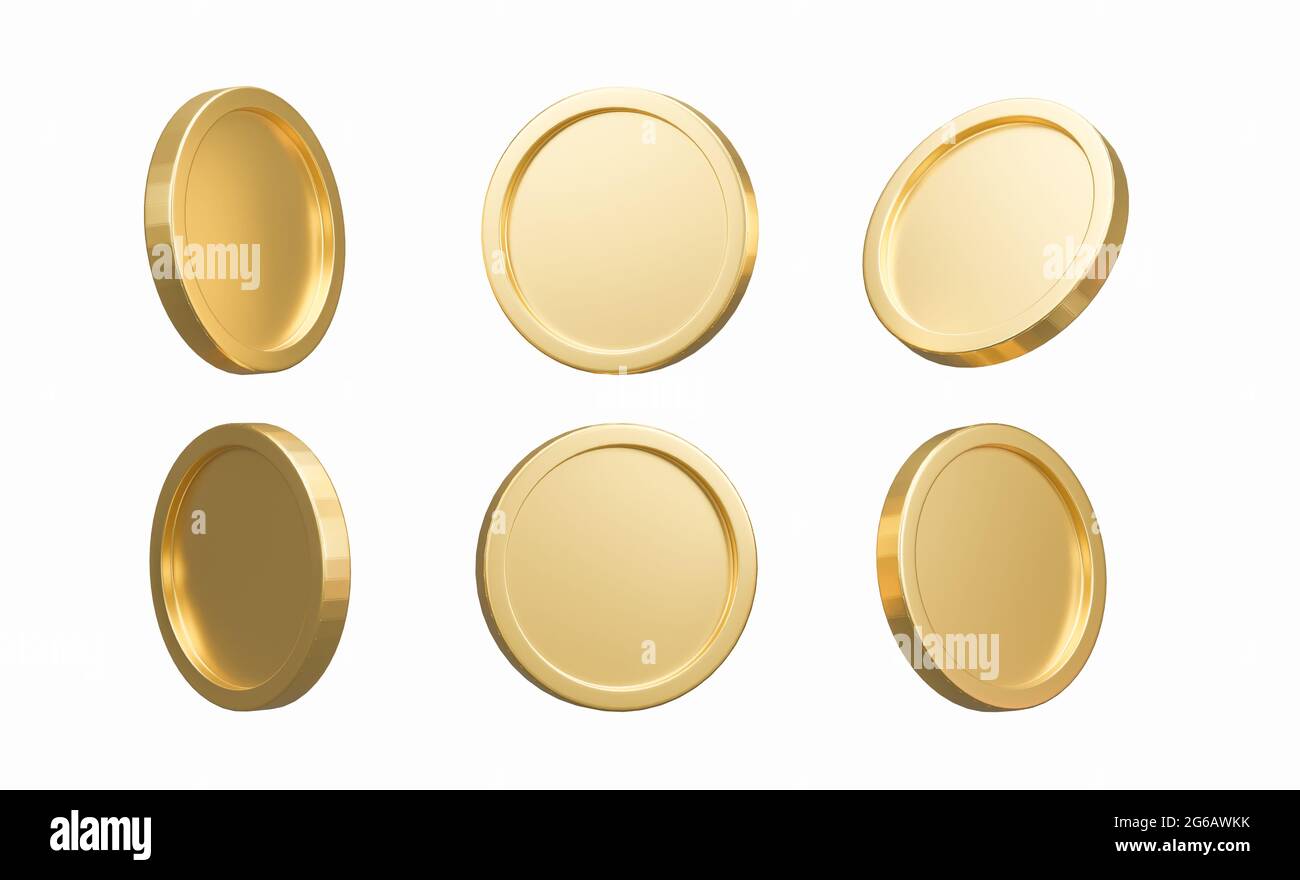 3D Render. Set of gold coins isolated on background in different ...