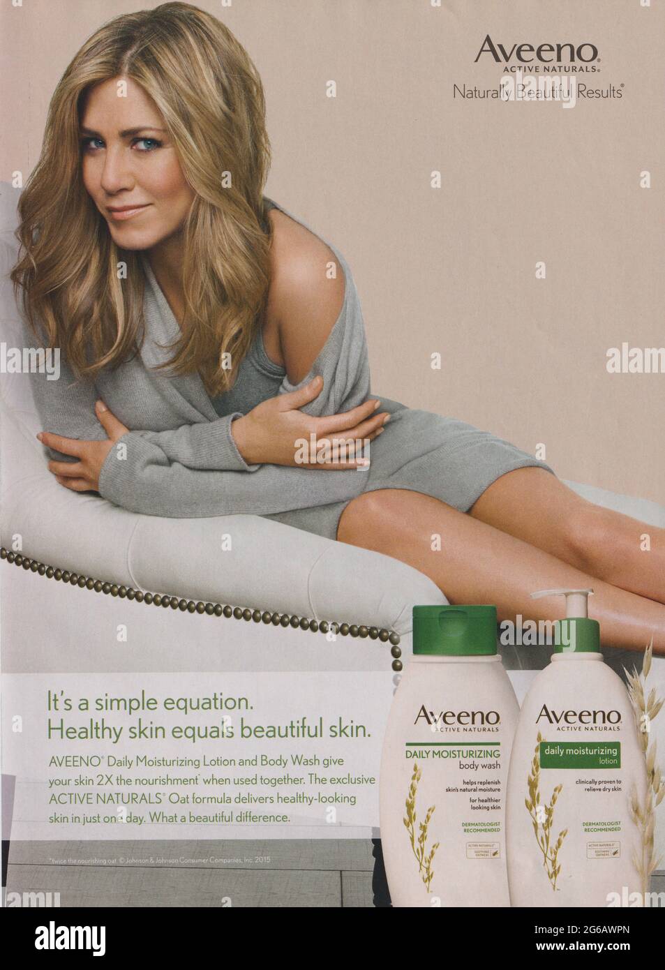 poster advertising Aveeno cosmetics with Jennifer Aniston in paper magazine from 2015 year, advertisement, creative Aveeno advert from 2010s Stock Photo