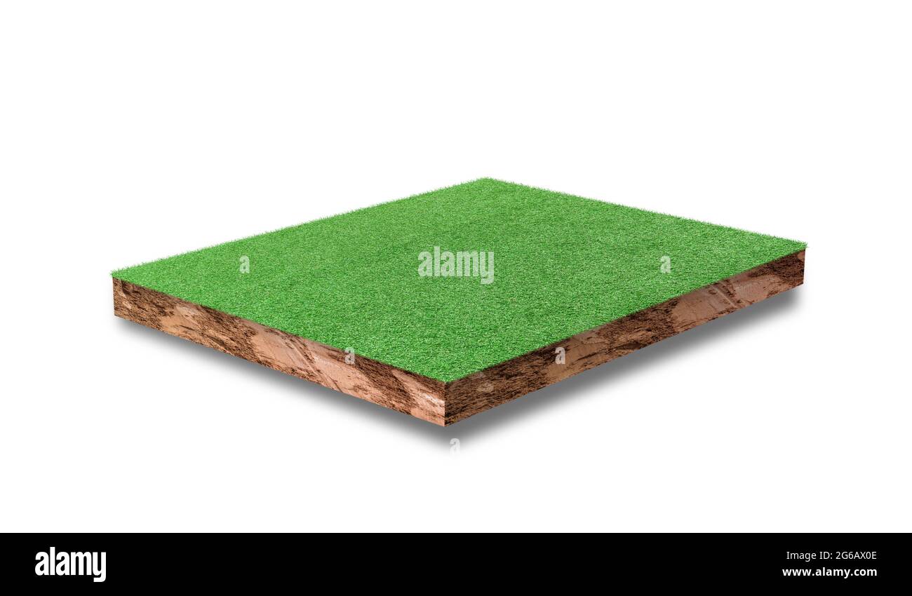 Soil cubic cross section with green grass field isolated on white ...