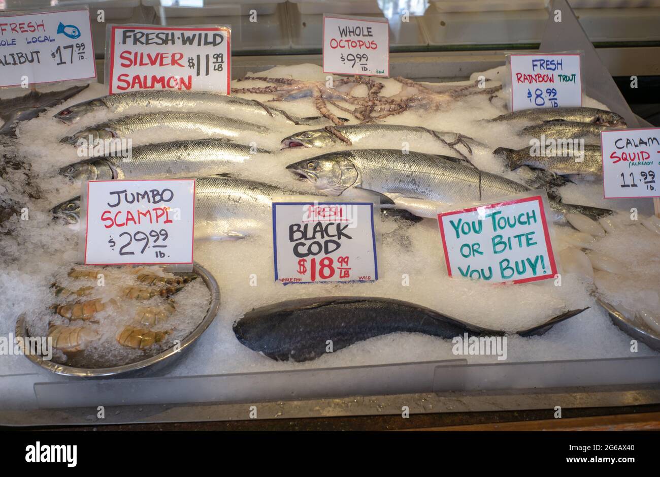 Fish on sale at Pike Place Market Seattle with the label, You