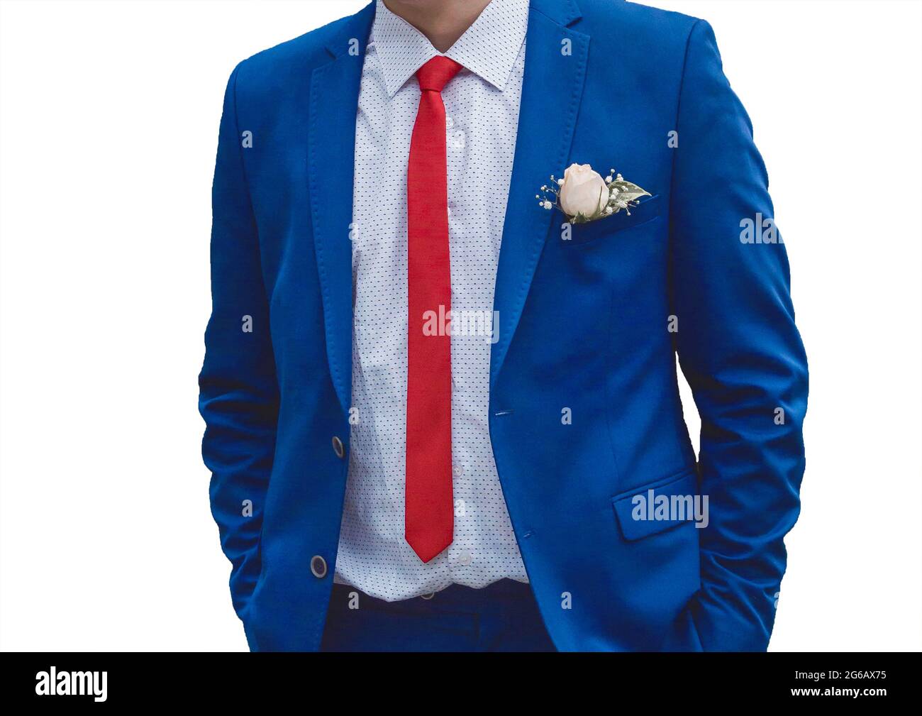Business man in white shirt, blue suit and red tie on white background isolated. Stock Photo