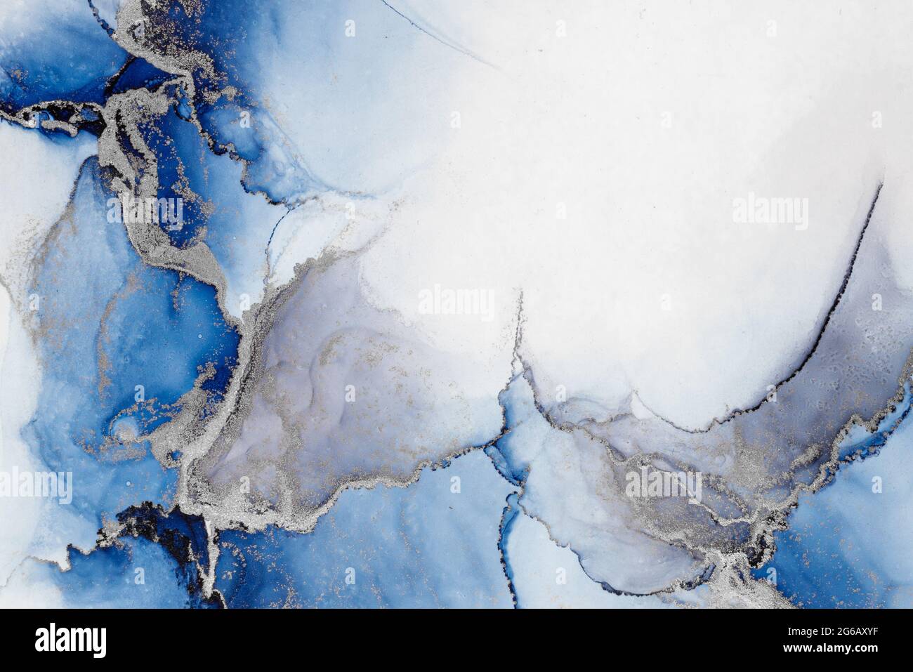 Blue silver abstract background of marble liquid ink art painting on