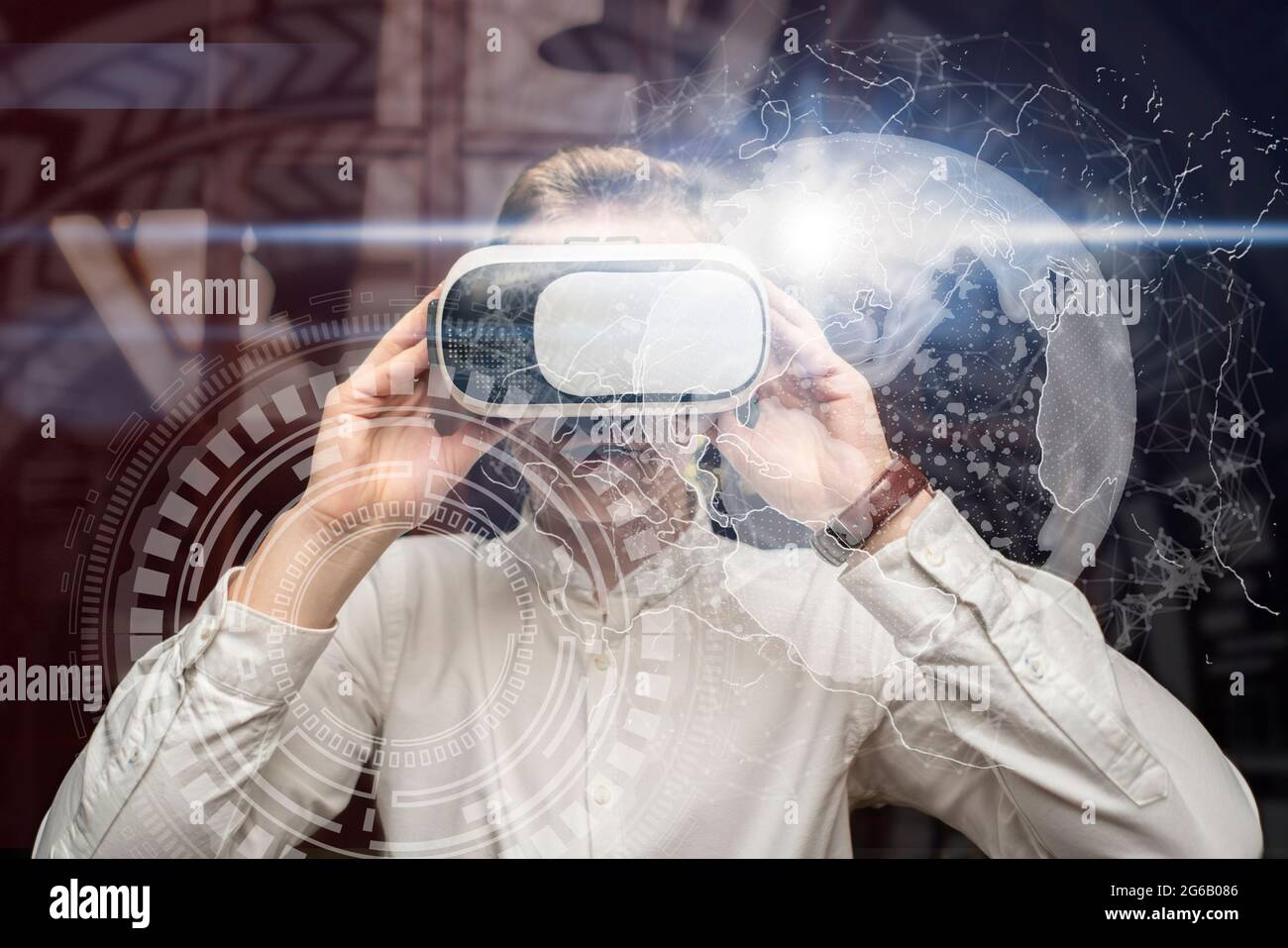 office worker businessman in vr glasses using 3d interface Stock Photo ...