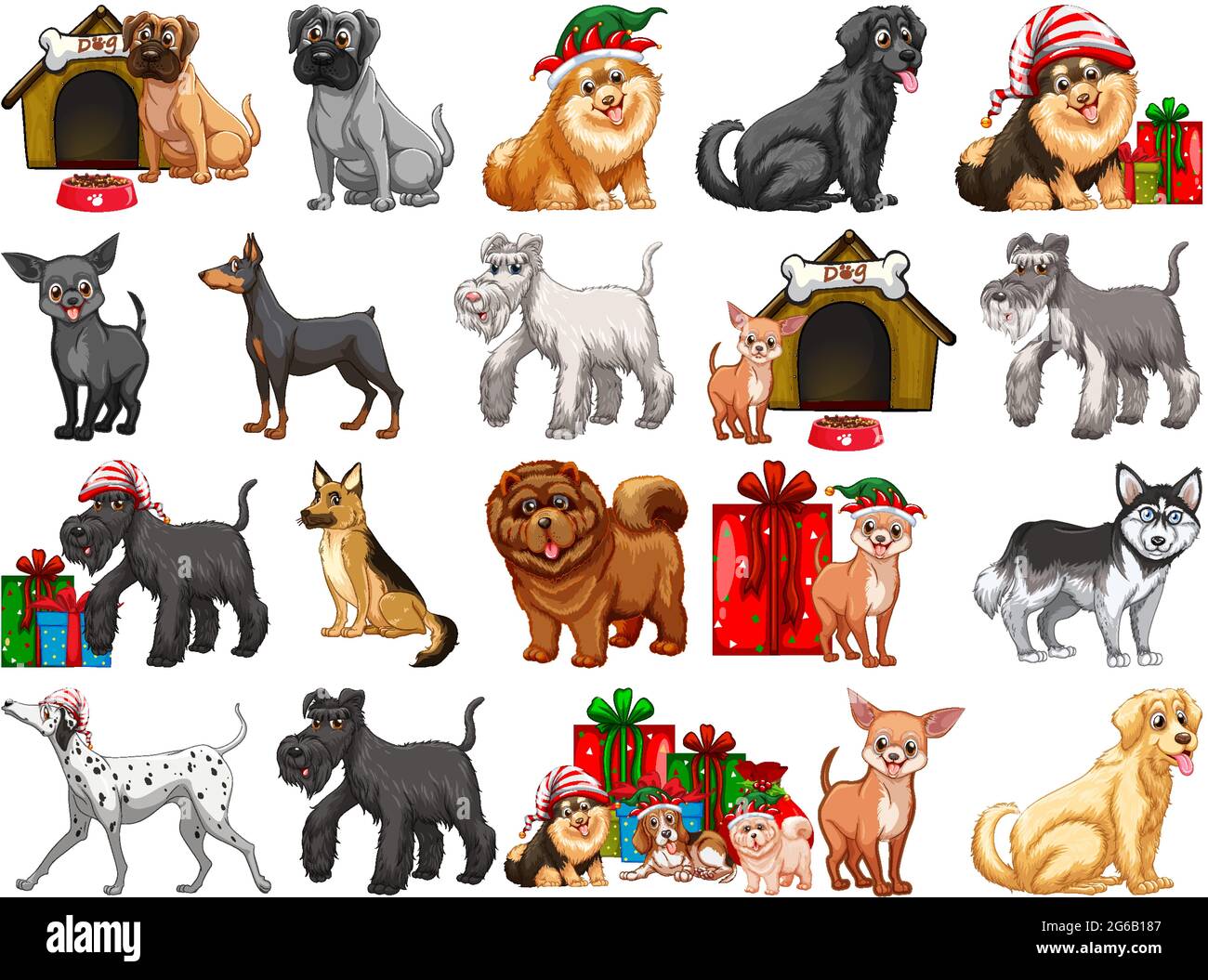 Different funny dogs in cartoon style isolated on white background ...