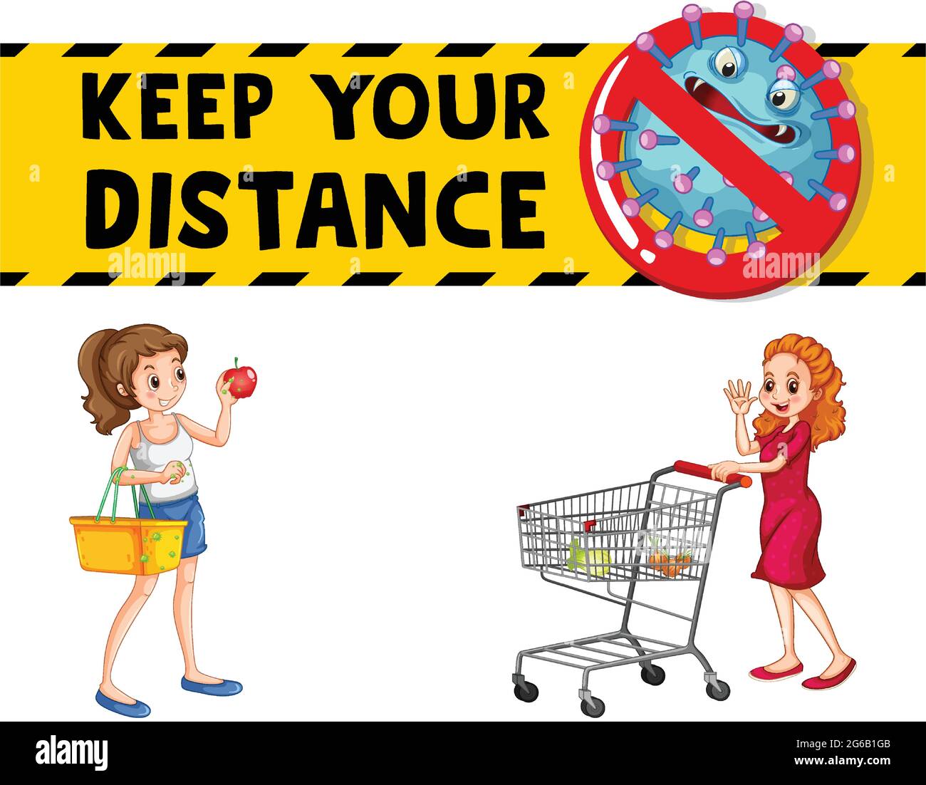 Keep your distance font design with a woman holding shopping basket isolated illustration Stock Vector